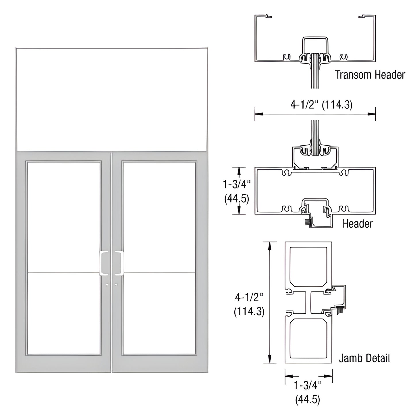 FD32811 aluminum transom frame with clear anodized finish, double storefront doors and technical jamb/header diagram.