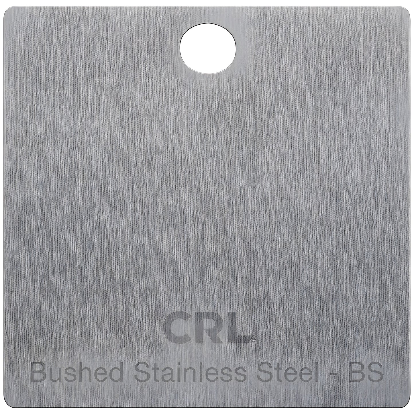 CH2PBS hinge finish chip sample, brushed stainless steel square with top-center hole and fine vertical grain