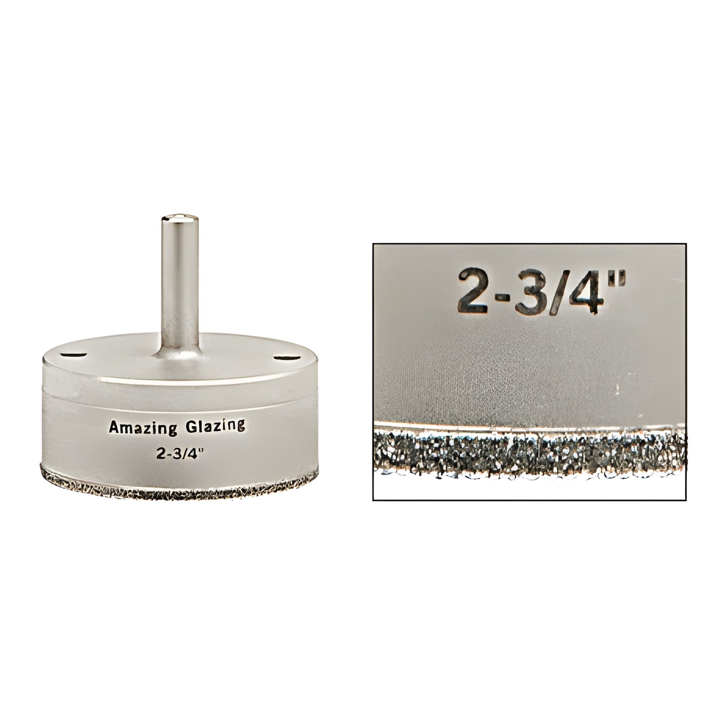 AG234 2-3/4" plated diamond glass drill bit with reduced 3/8" round shank and sawtooth diamond cutting edge