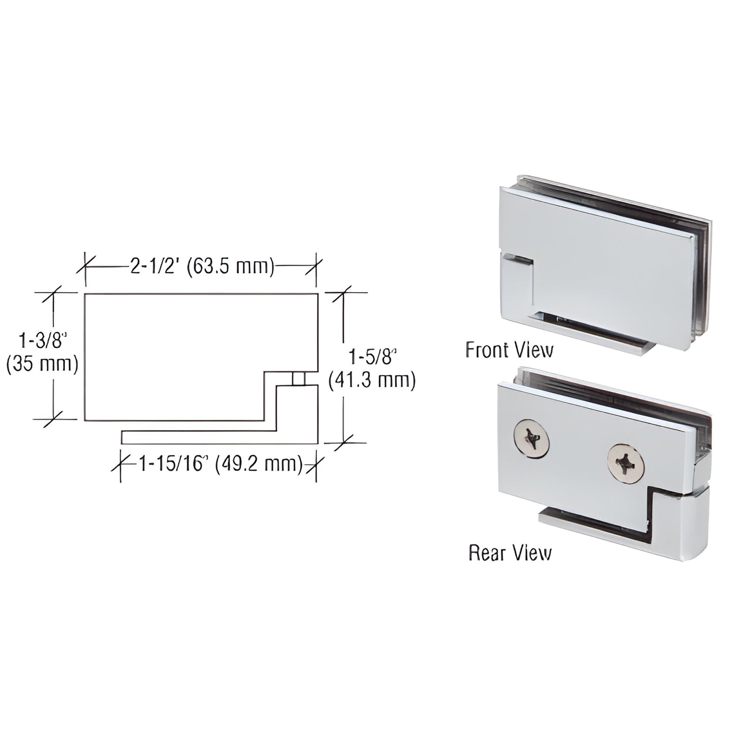 FA50SC satin chrome surface-mount glass pivot hinge, front/rear views and dimensional diagram for 6-8mm glass.