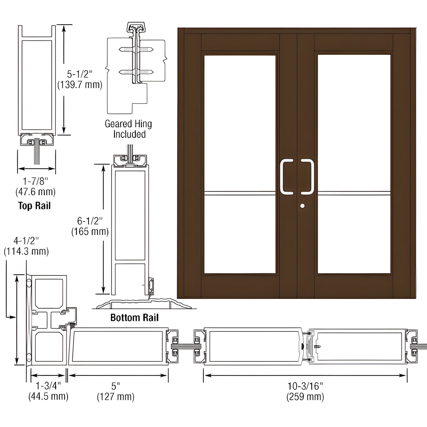DC92822: Black bronze anodized custom Durafront double entrance door with large glass panels, 5" stiles, commercial hardware