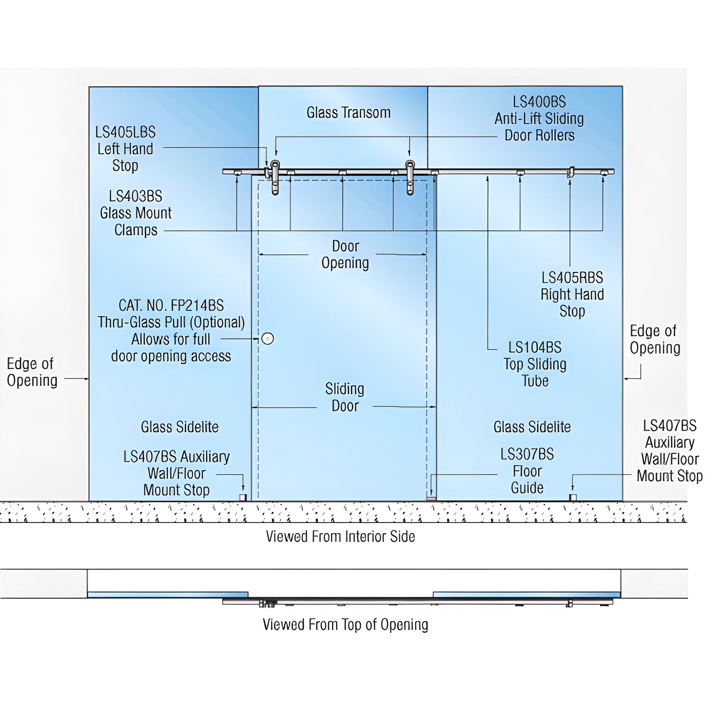 CRL Laguna glass-mount single sliding door kit, brushed stainless, anti-lift top rollers, 104 in track. SKU LSGM6BS