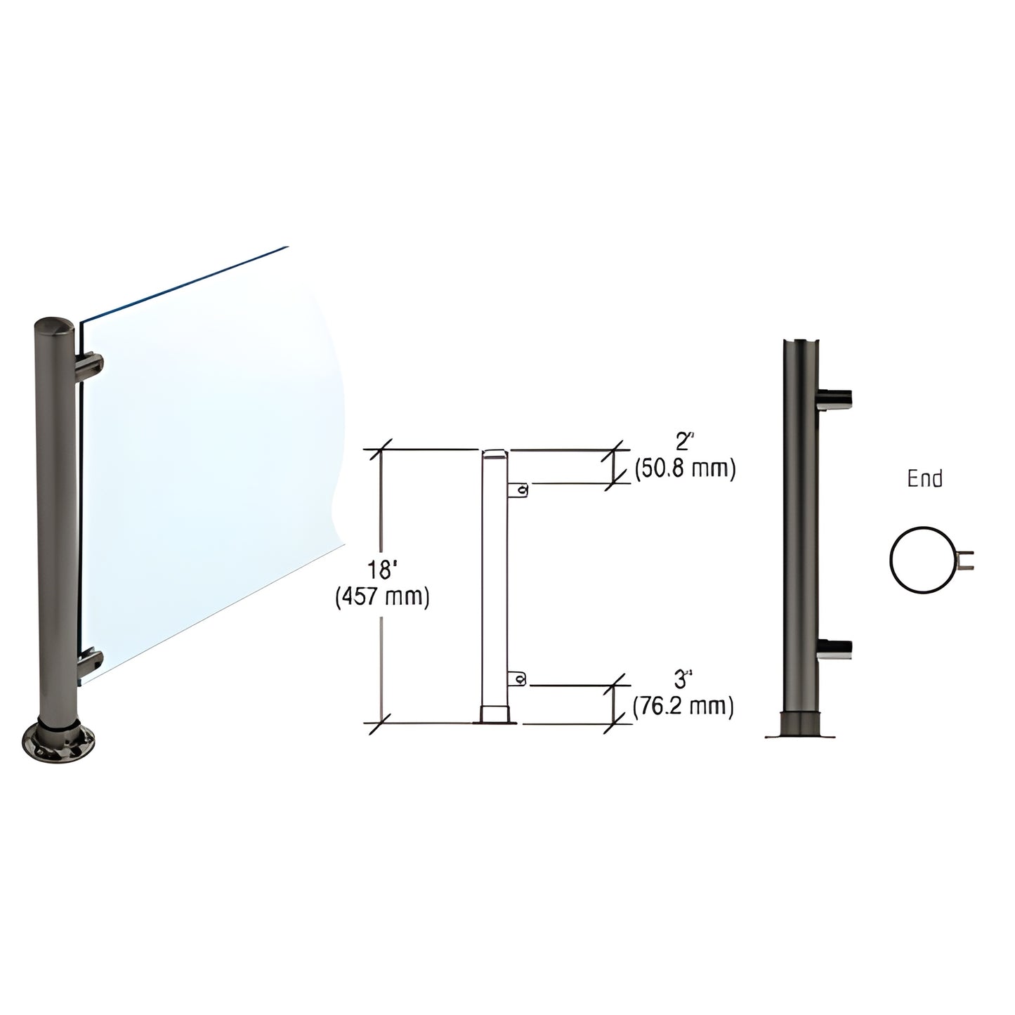 PP56EBL slimline gloss-black 18" stainless round partition end post with adhesive base, fits 3/8" glass.