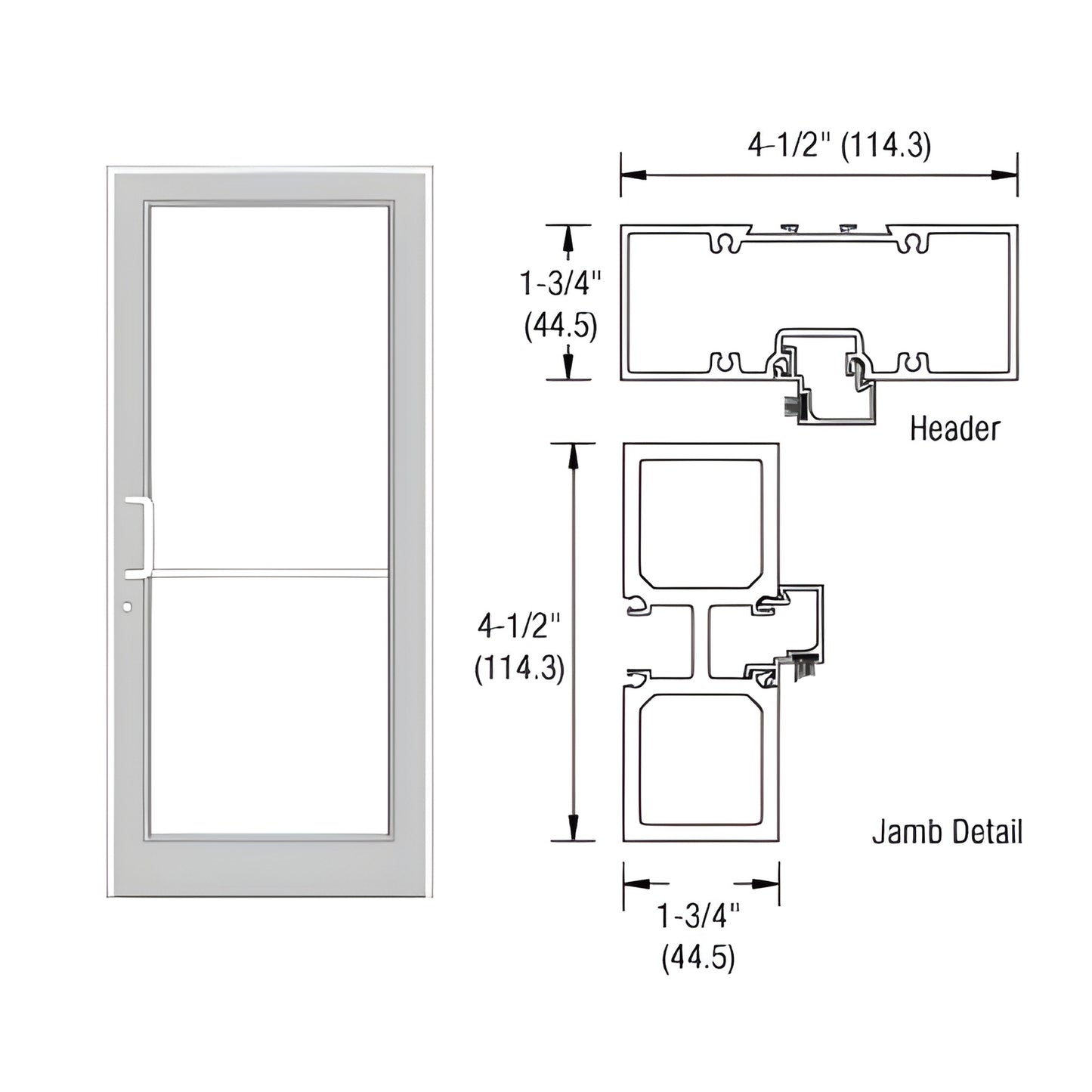 FD11552 white Durafront frame with aluminum threshold, 36x84 door diagram and header/jamb cross-section with 4-1/2 and 1-3/4