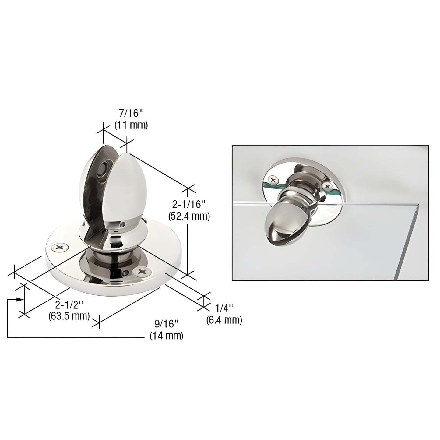 VPC38PS polished 316 stainless steel panel clamp for 3/8" (10mm) glass, 2-1/2" base, mounting screws included.