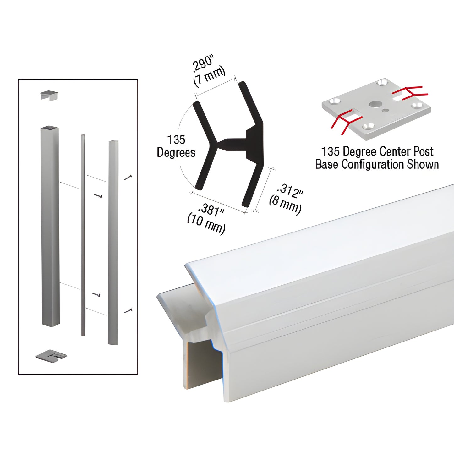 D634A satin anodized aluminum 135 H-bar glass partition channel, extrusion profile and diagram, 144-inch length.