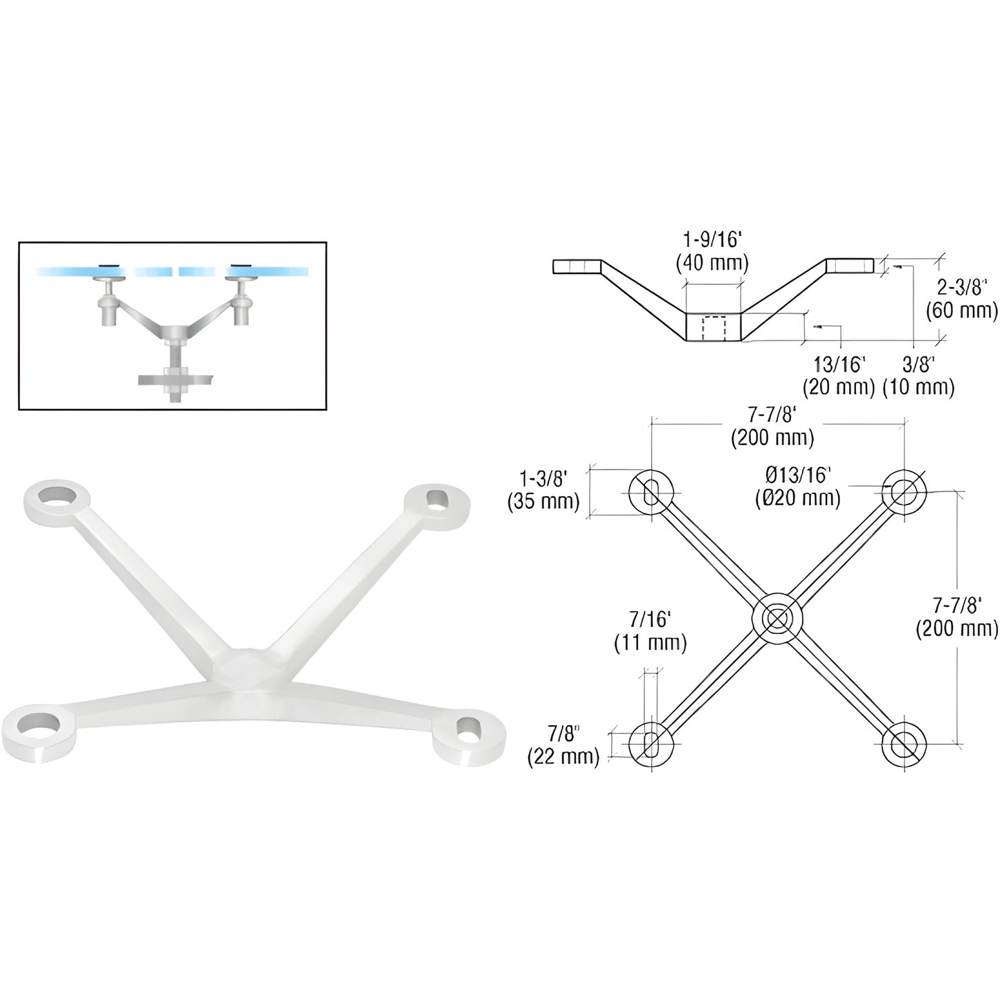 CRL stainless steel four-arm fitting PMR4PS, dimensioned diagram and inset installation photo, for 1/2" tempered glass.