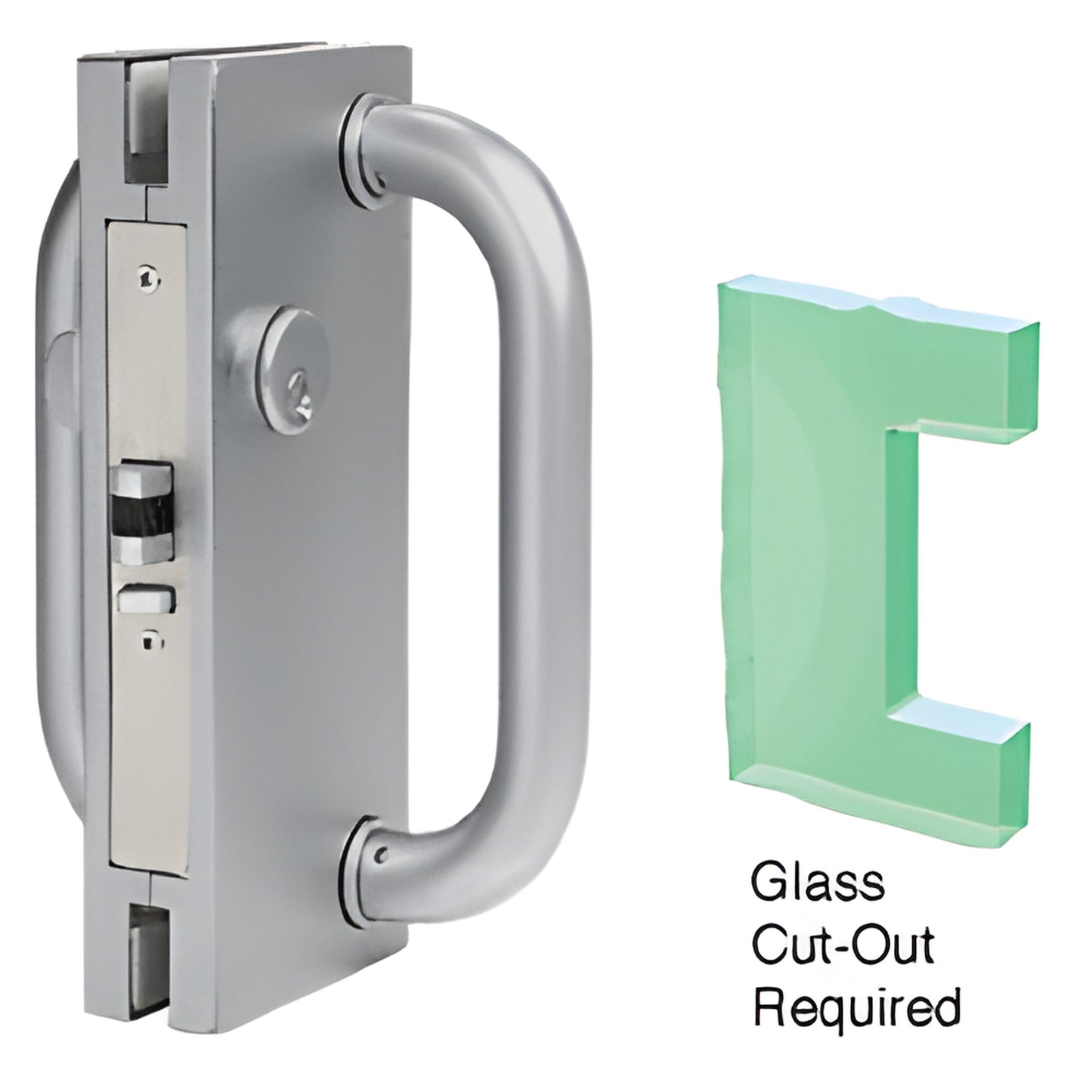 DL410RBS brushed stainless 4x10 center lock with D-handle and deadlatch for 1/2 in glass, left-hand