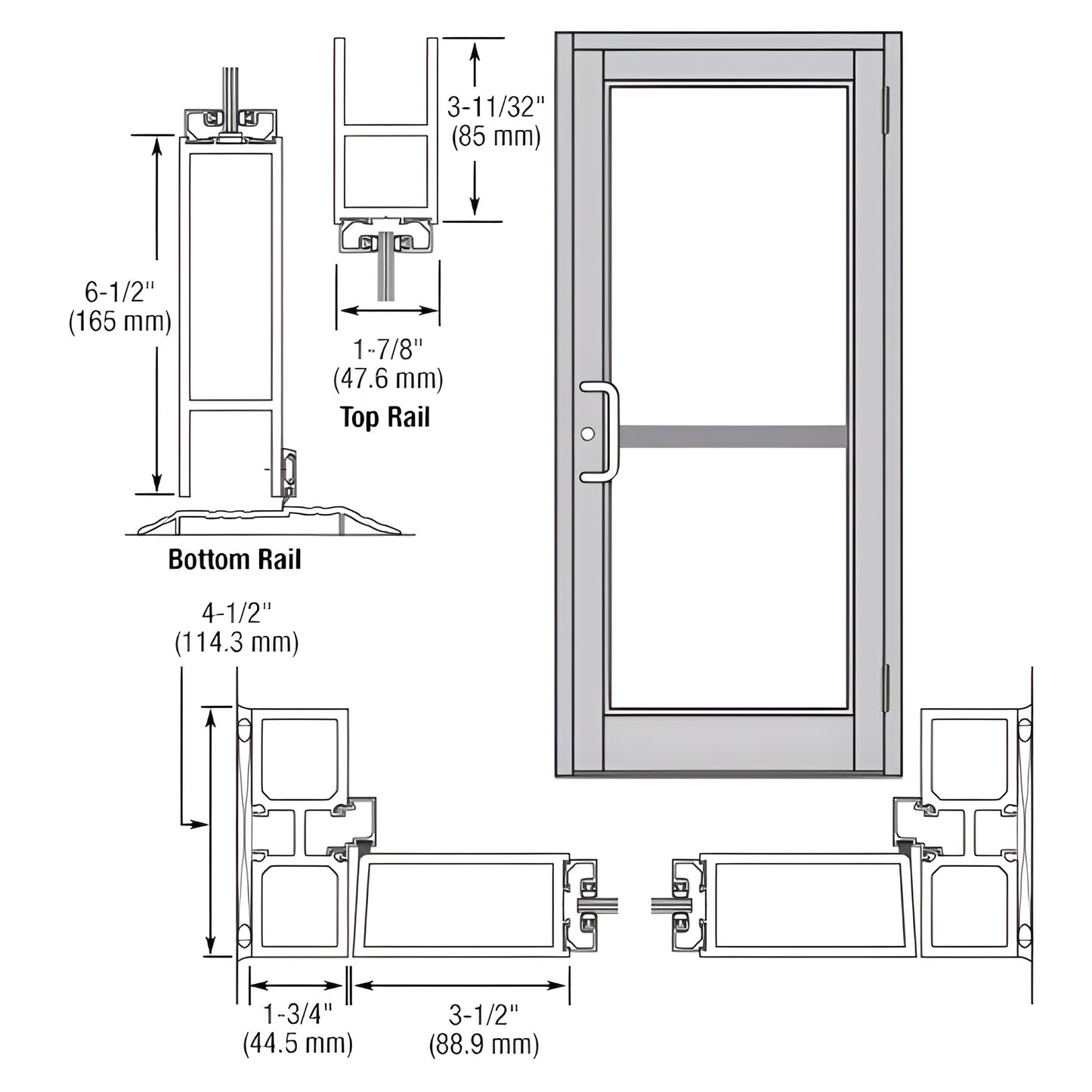 DZ81511 Durafront MS entrance door, clear anodized aluminum; 3-1/2 stiles, 6-1/2 bottom rail, for 1/4 tempered glass