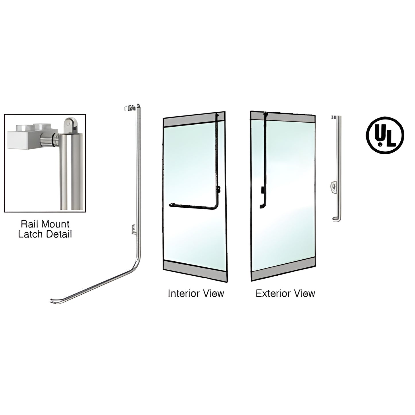 PA100J3RKBS: Brushed stainless 1-1/4 in rail-mount panic handle for 1/2-3/4 in tempered glass doors, int./ext. views