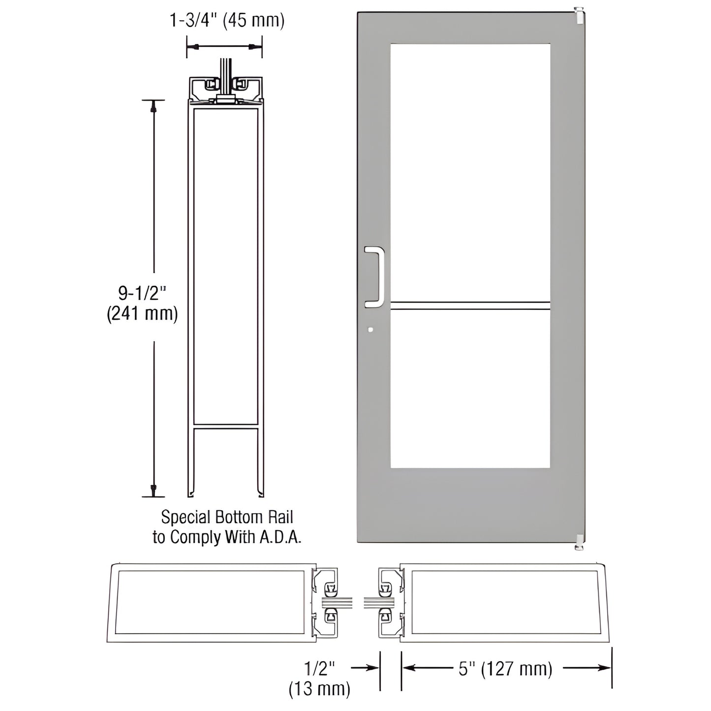 Clear anodized wide-stile commercial entrance door with 9-1/2" ADA bottom rail, 5" stiles; SKU DE51211L036.