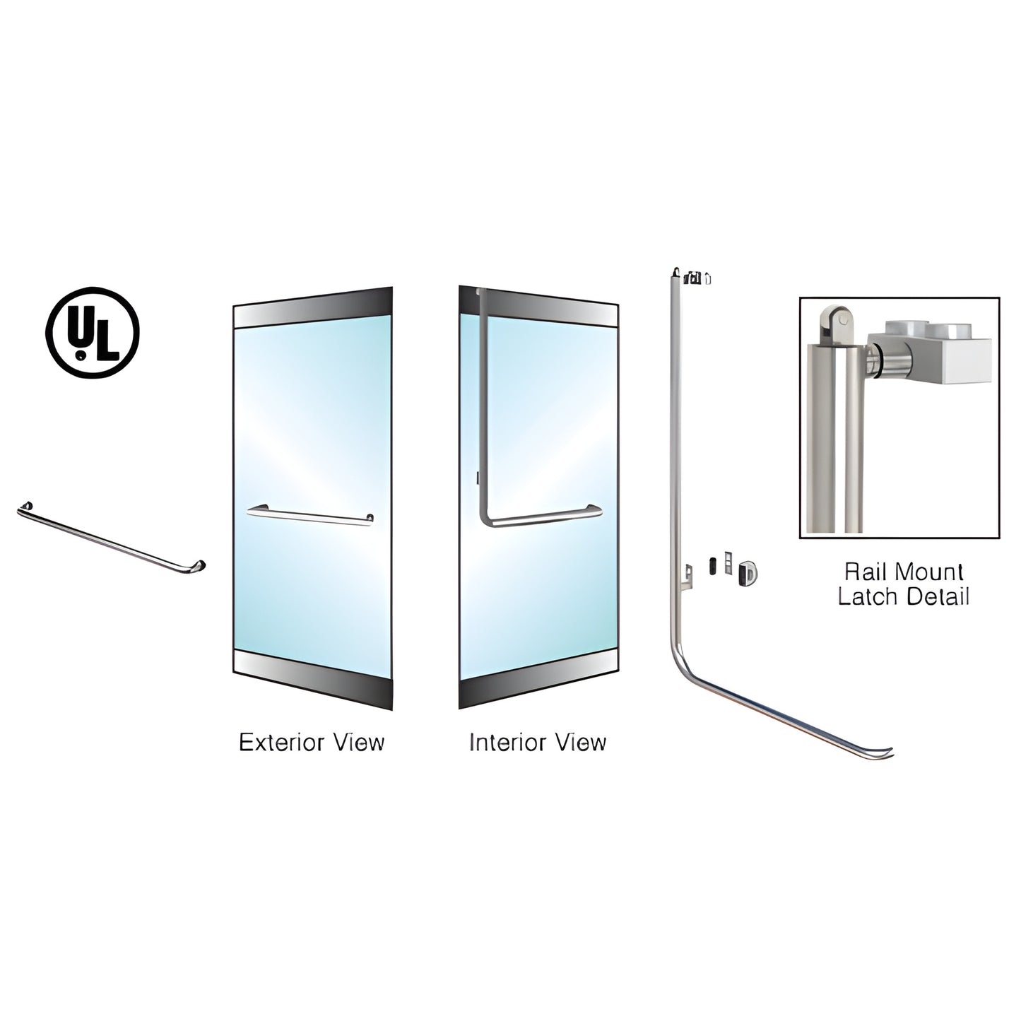 PA100 panic rail-mount handle, polished stainless, 1-1/4" tube for 1/2-3/4" tempered glass doors, left-hand reverse (SKU 5P10