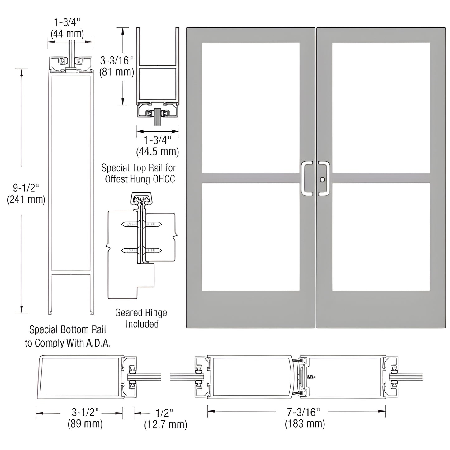 CRL custom double aluminum entrance door, clear anodized, 3.5" stiles, 9.5" ADA bottom rail, fits 1/4" glass. SKU CZ42911