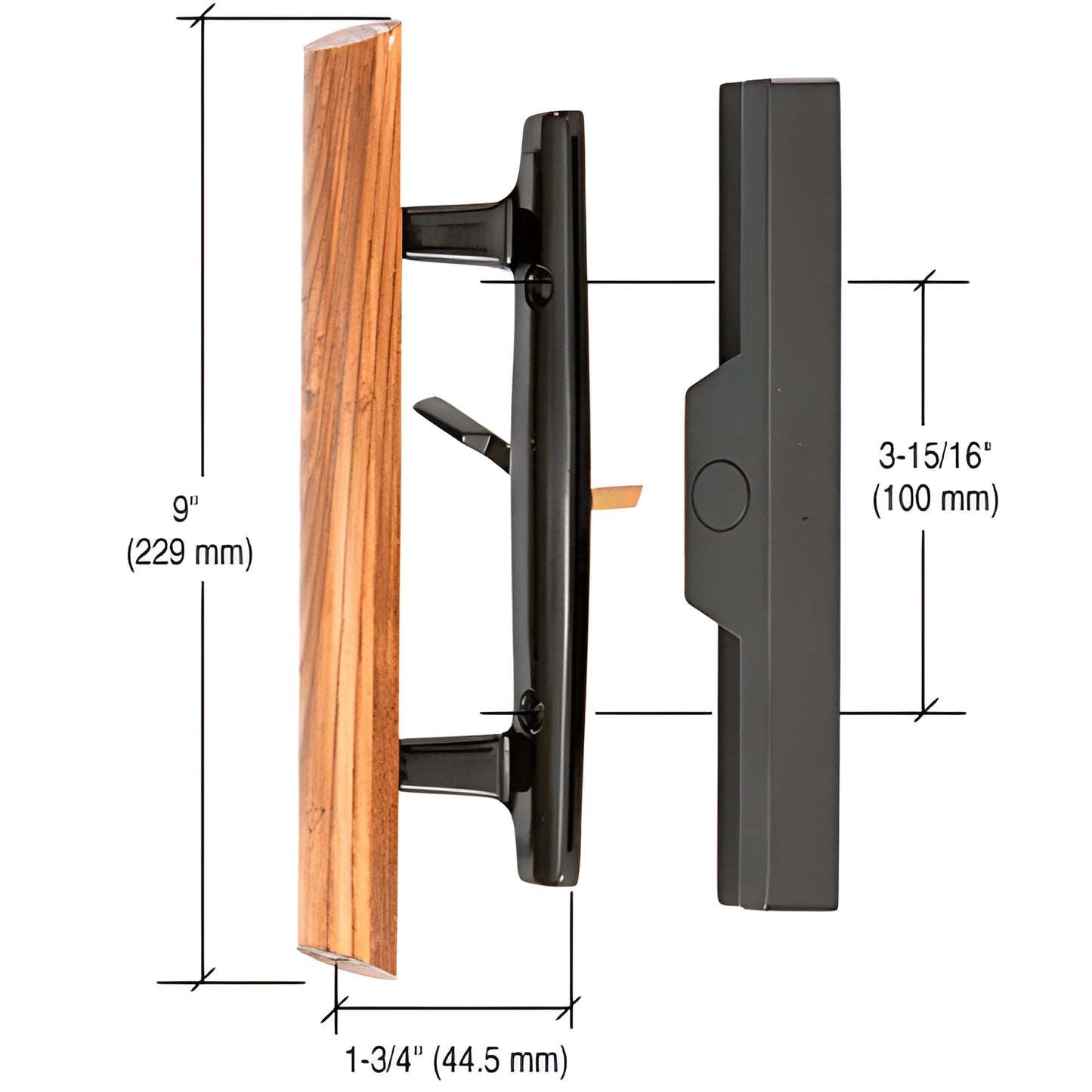CRL C1313 mortise handle set, black diecast exterior and 9" wood interior pull, 100 mm (3 15/16") hole centers.