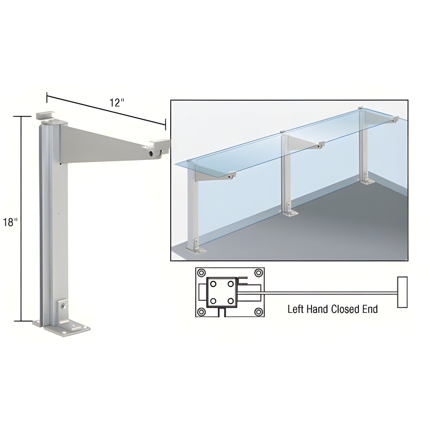 Aluminum 18" counter partition post (D995ALHCE), left-hand closed end, 12" glass shelf support, satin anodized.