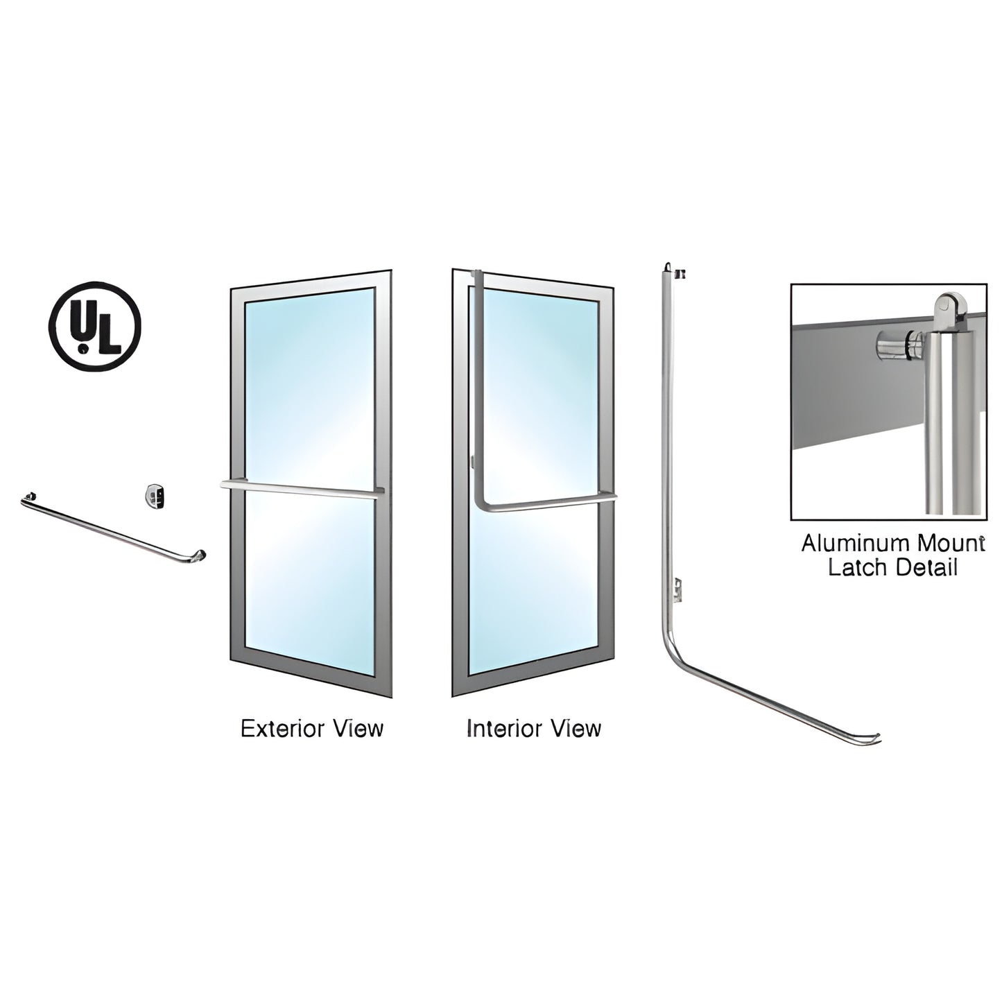 PA100A4AKBS tubular panic handle, brushed stainless steel for glass doors, 1-1/4 in. diameter, exterior keyed access
