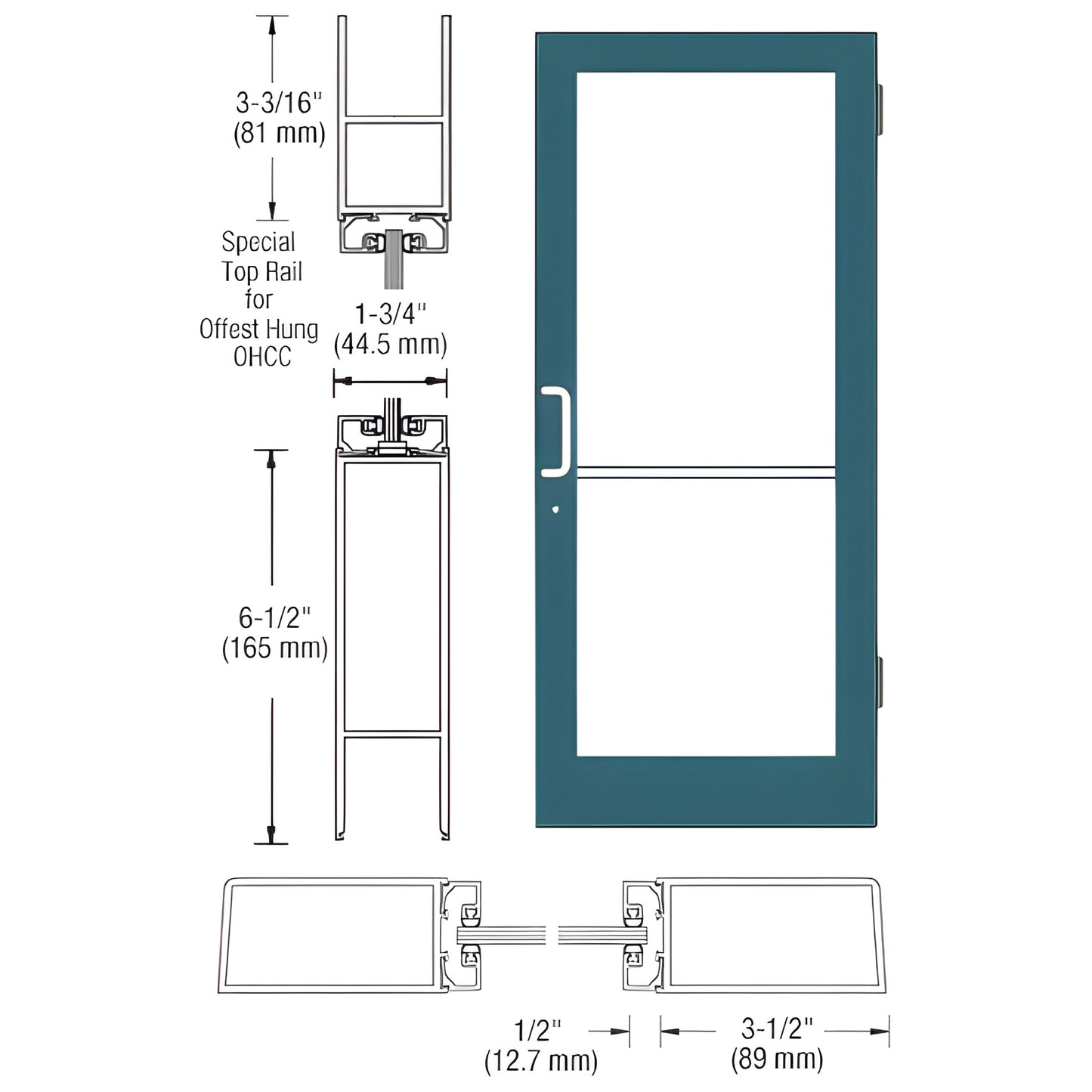 CRL DC41471 medium-stile commercial storefront door in custom Kynar teal, 61 2 bottom rail, glass-ready.