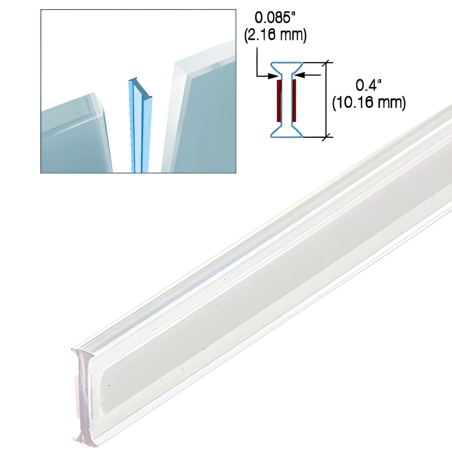 EZCC10 clear copolymer 120 in glazing strip for 3/8" (10mm) tempered glass, wrap-around trim with pre-applied adhesive.