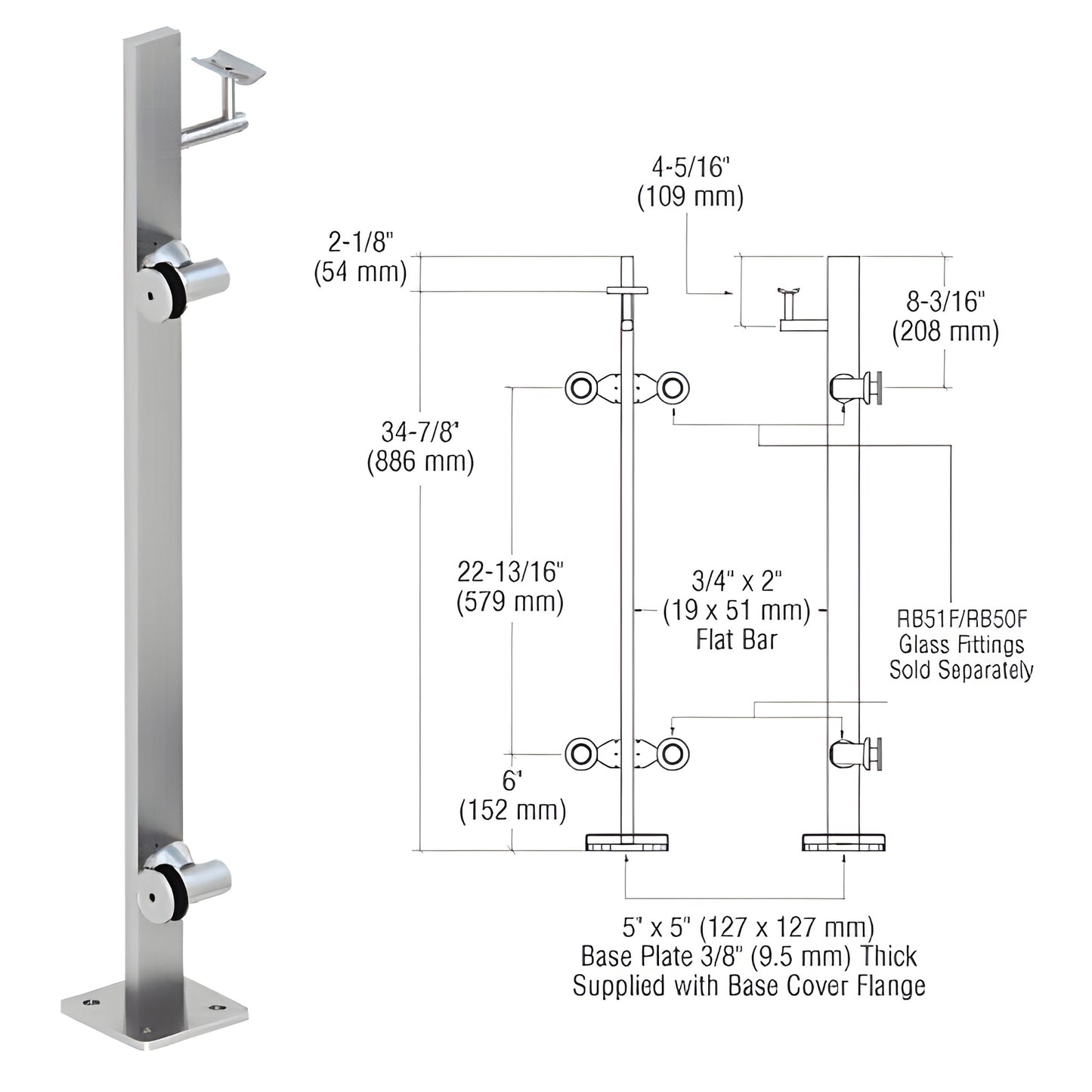 Stainless steel surface-mounted glass railing post with 5x5 in base plate, P336LEBS.