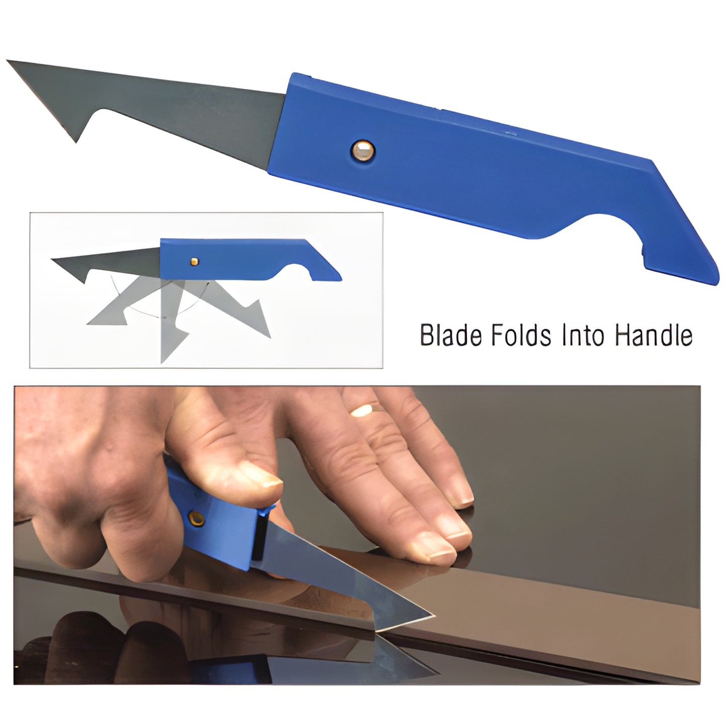 Blue CRL KS20 Plastic-Plus folding scribe and snap cutting tool with resharpenable steel blade, shown cutting acrylic/vinyl.