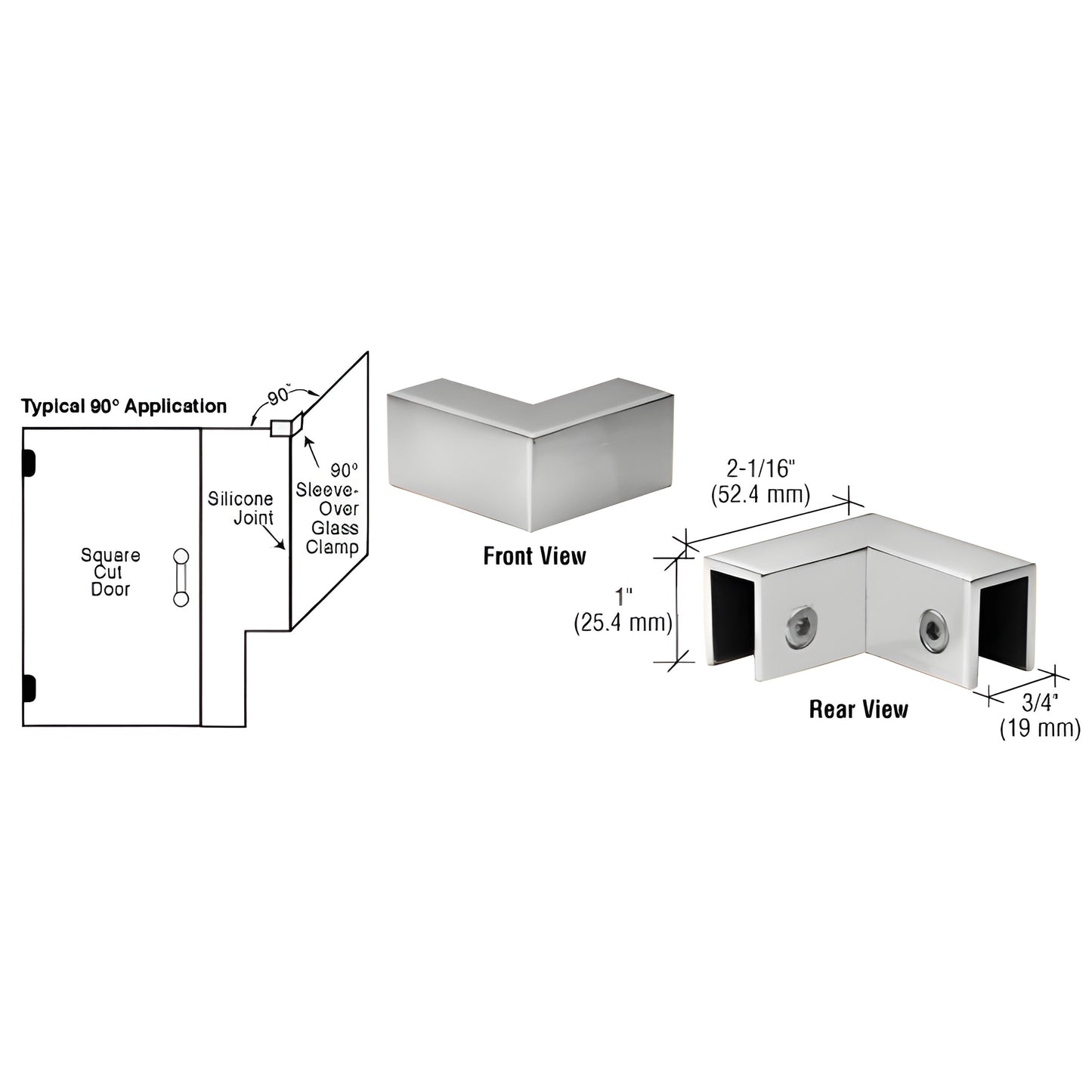 Polished chrome 90 sleeve-over glass clamp (solid brass) for 5/16-1/2" (8-12mm) frameless shower panels