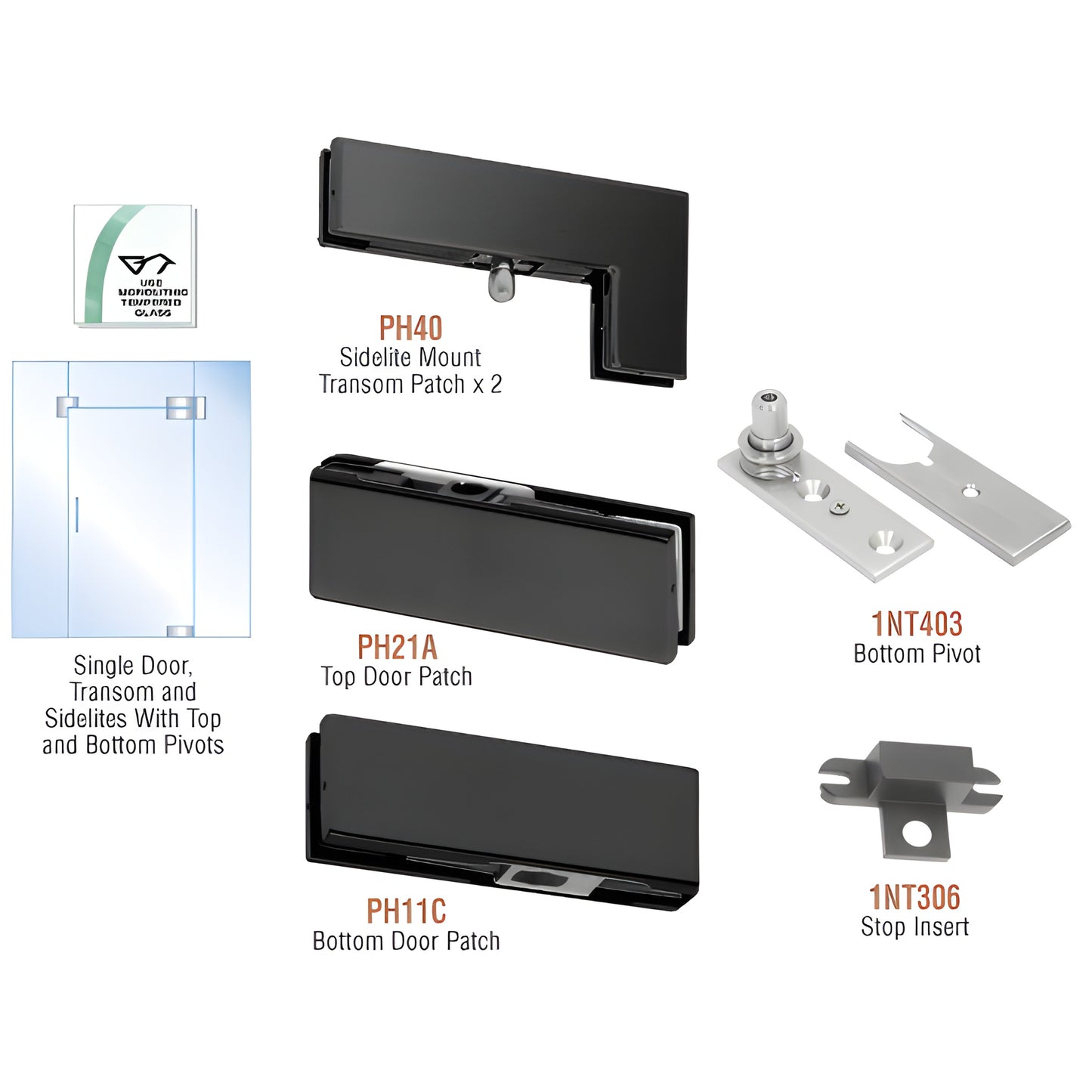 CRL PHE5MBL matte-black European all-glass pivot door kit with top/bottom patches, sidelite/transom mounts and pivots.