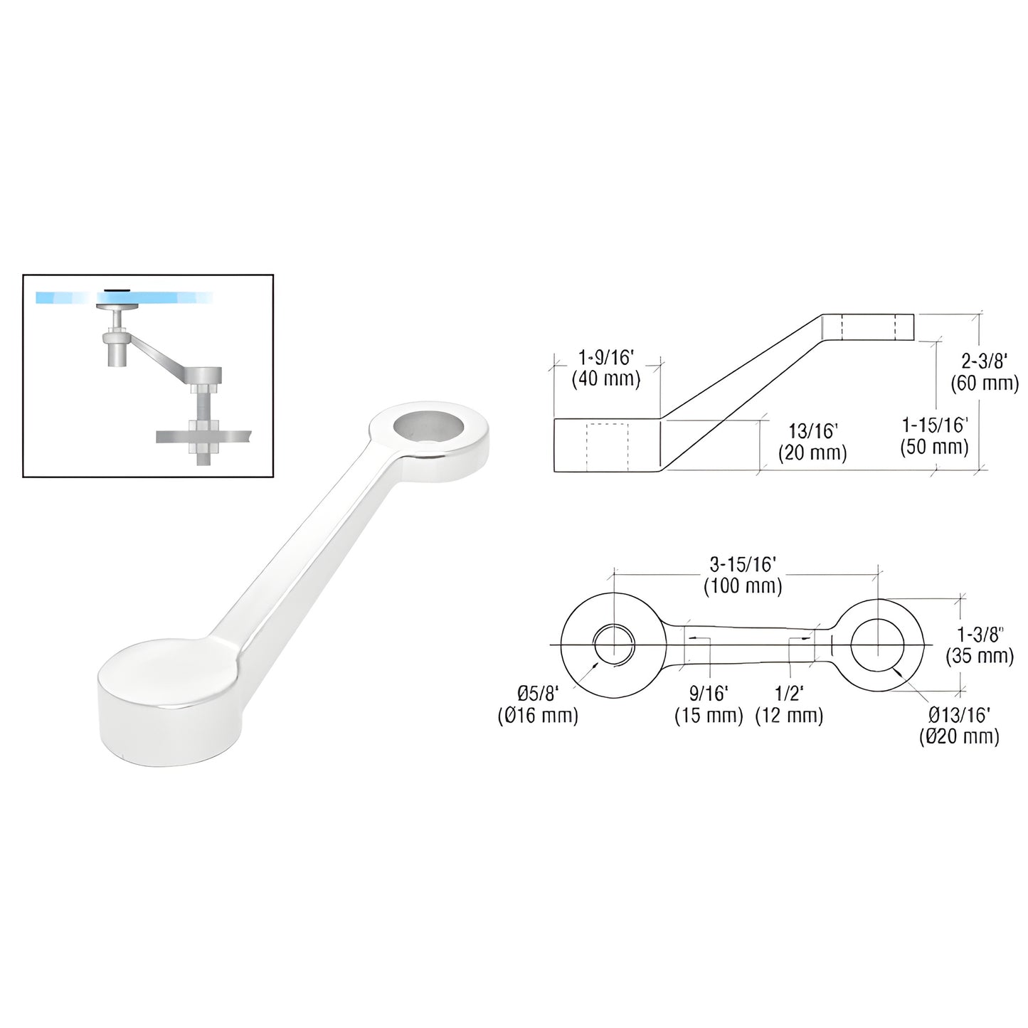 CRL PMR1PS stainless single-arm glass fitting for 1/2" (12 mm) tempered glass, product photo with technical drawing
