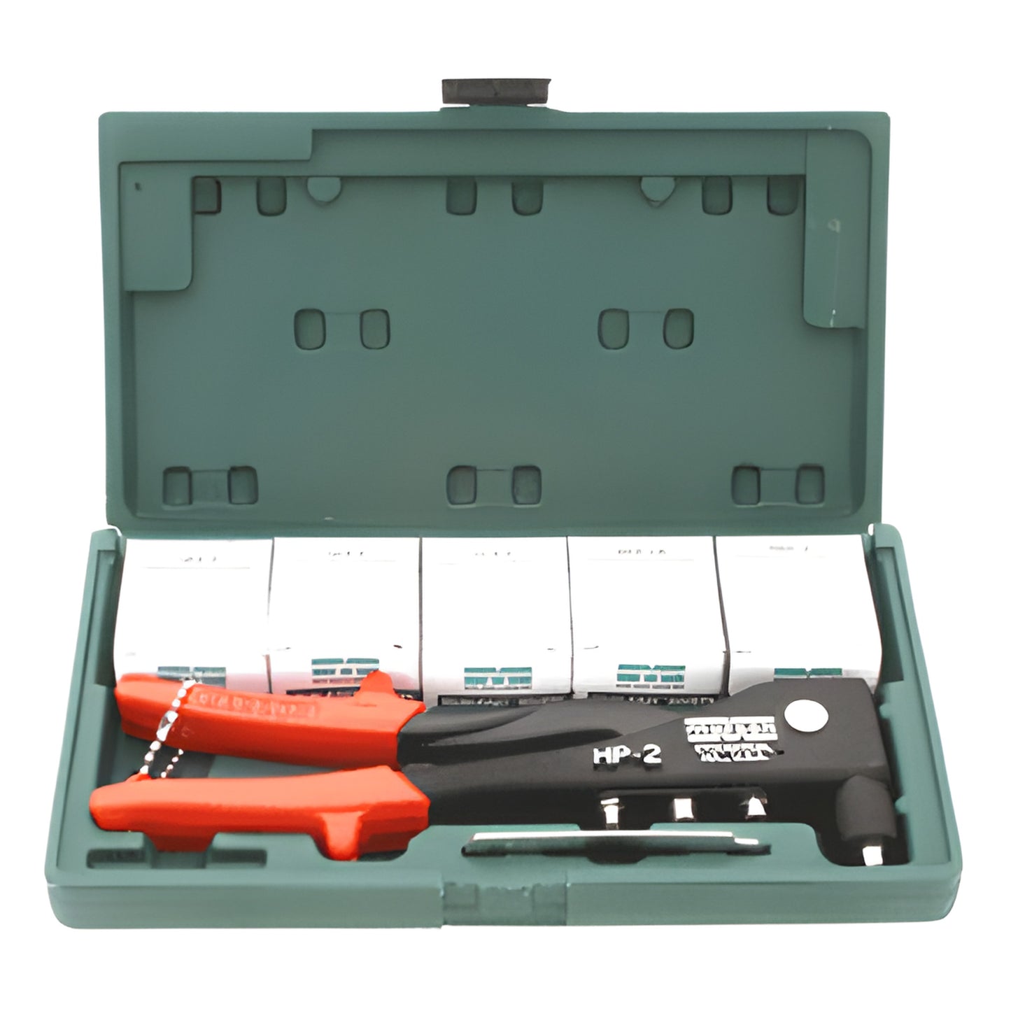 39001 HP2 rivet gun kit in green case, orange-handled gun with four nosepieces and rivet boxes.