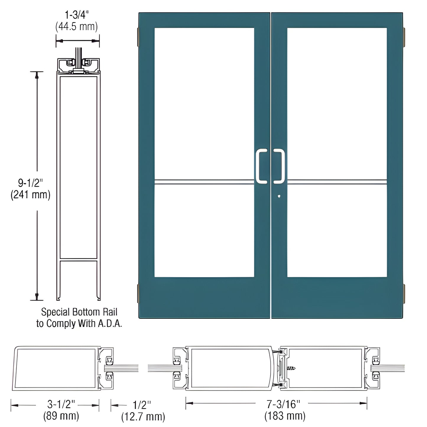 DE42571 custom medium stile double entrance door, teal Kynar finish, glass panels, ADA 91 2" bottom rail