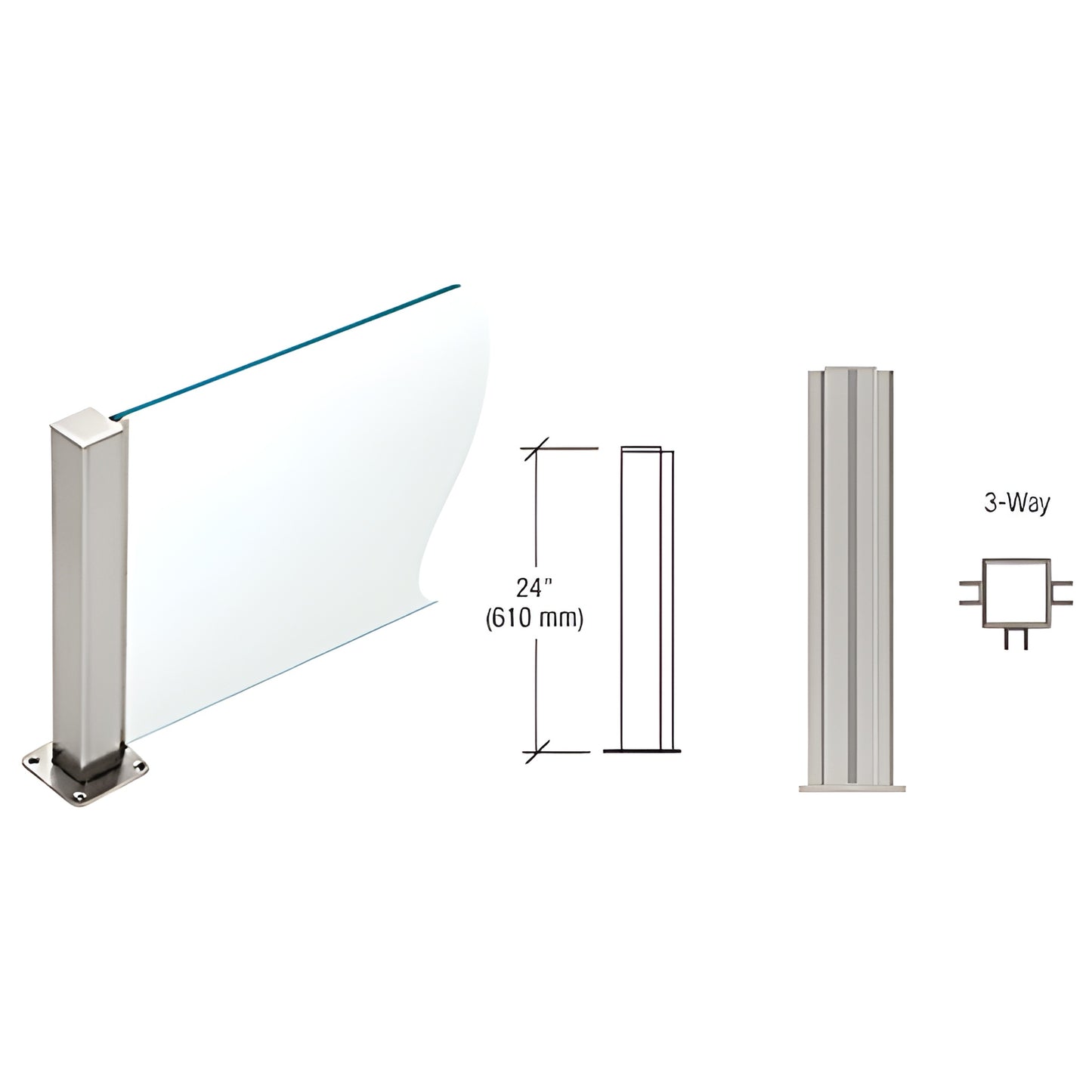 PP432438TBS Plaza 24" brushed stainless square post with welded base and U channel for 3/8" glass (3 way)