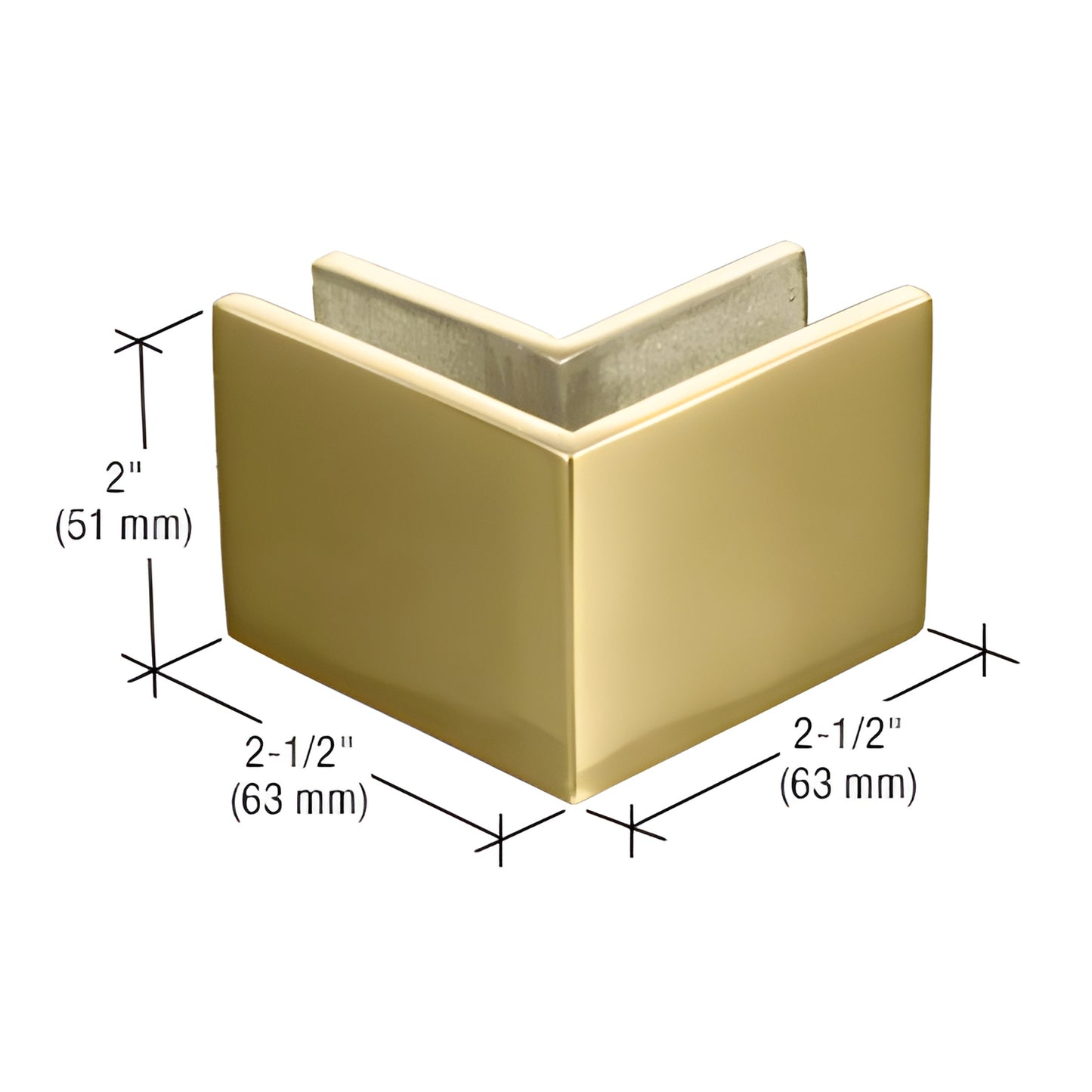 MFC24 polished brass 90 square mall front glass clamp for 3/8-1/2" (10-12 mm) tempered glass, approx. 2" x 21 2".