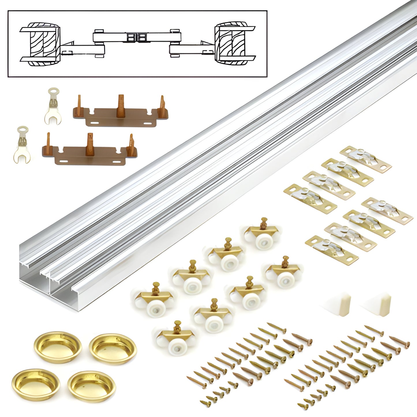 4-door bypass sliding kit with aluminum track, 8 nylon rollers, pulls, stops & screws SKU 134F964D