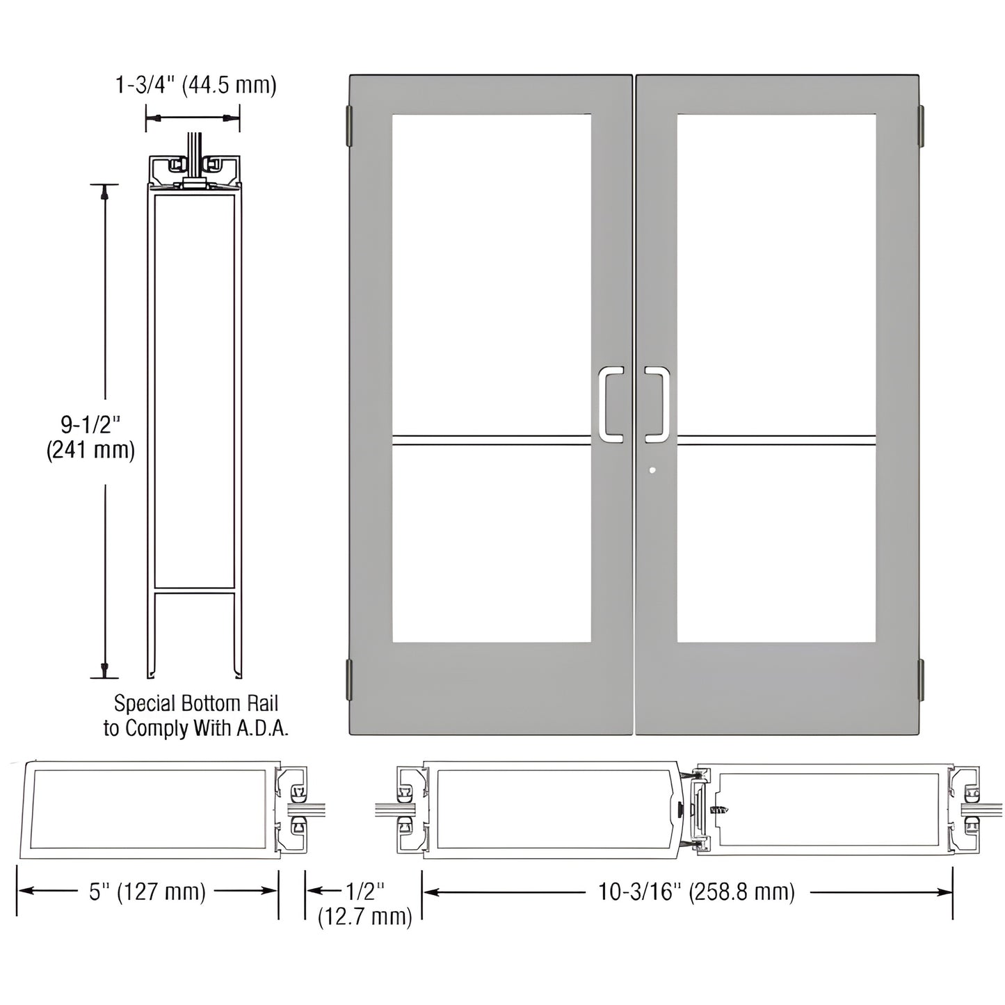 CRL CD52511 clear anodized wide-stile double entrance door, 5 in stiles, 91 2 in ADA bottom rail, fits 1/4 in tempered glass