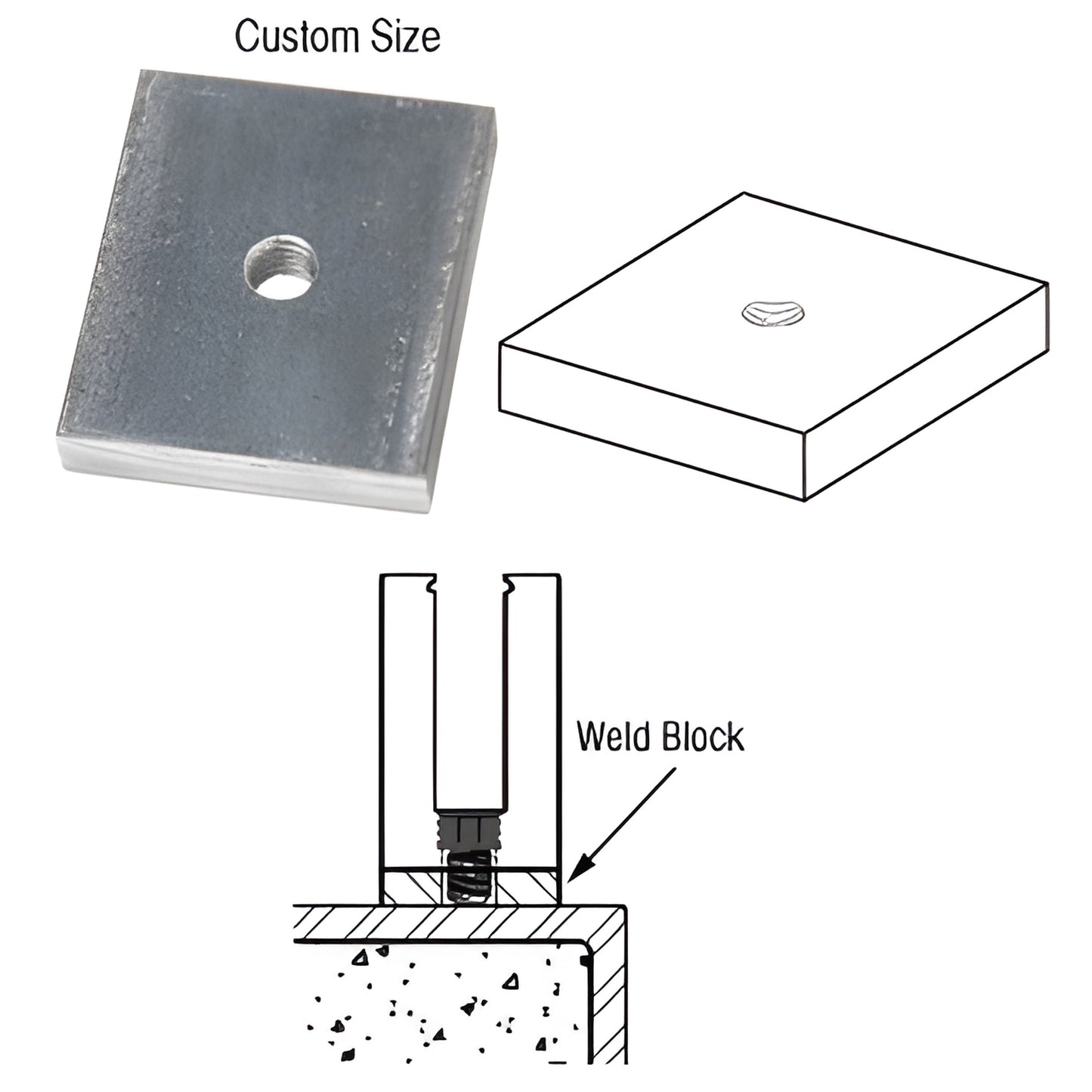 Stainless steel weld block (SKU BSWBC) square plate with centered 1/2-13 tapped hole for welding to structure.