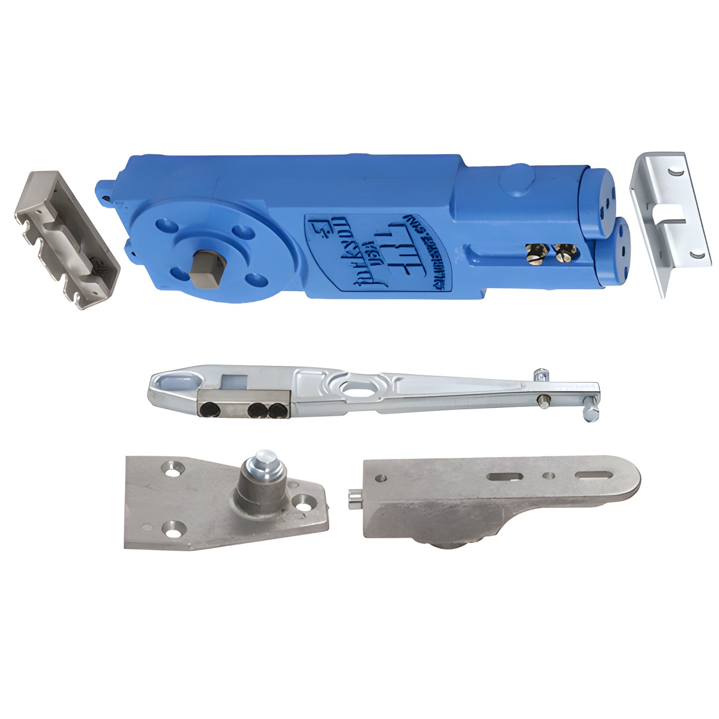 Blue CRL Jackson overhead concealed door closer kit with floor pivot and mounting hardware - SKU 21101S19