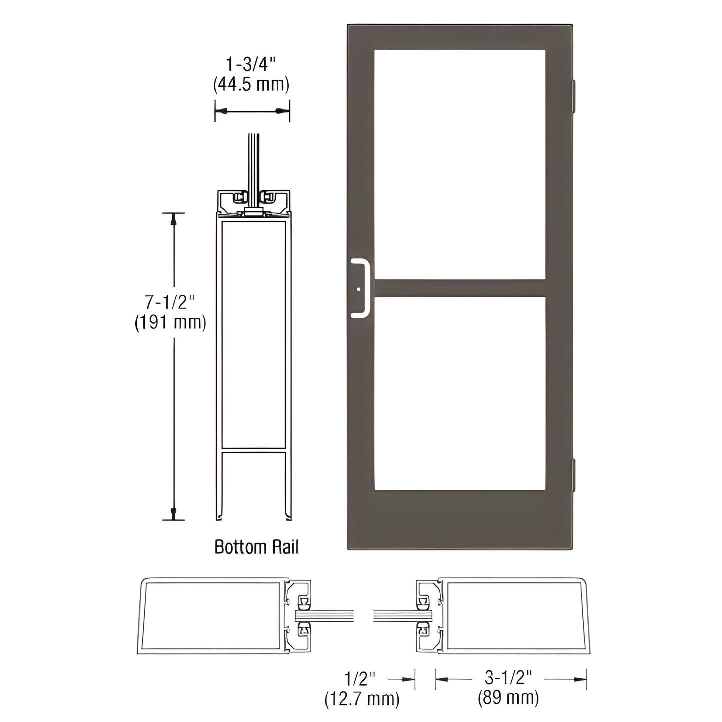 Custom medium-stile entrance door, black bronze anodized, 3-1/2 stiles, 7-1/2 bottom rail, glass panels, panic pull. SKU HZ