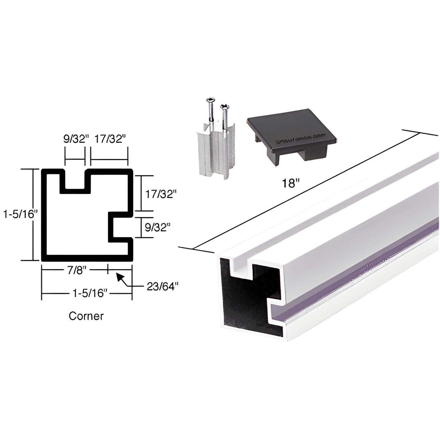 SKU 6408318: 18" aluminum sculptured 90 corner partition post, square 1-5/16", brite anodized, pocket for 1/4" glazing.
