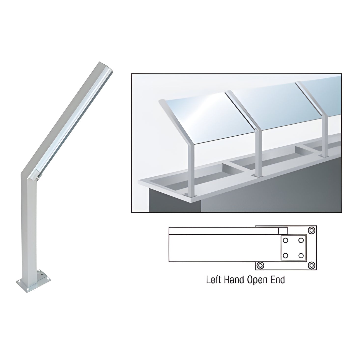 CRL D999 aluminum left hand slant-top sneeze guard post, satin anodized, 14" tall, 1-1/8" square, fits 1/4" glazing.