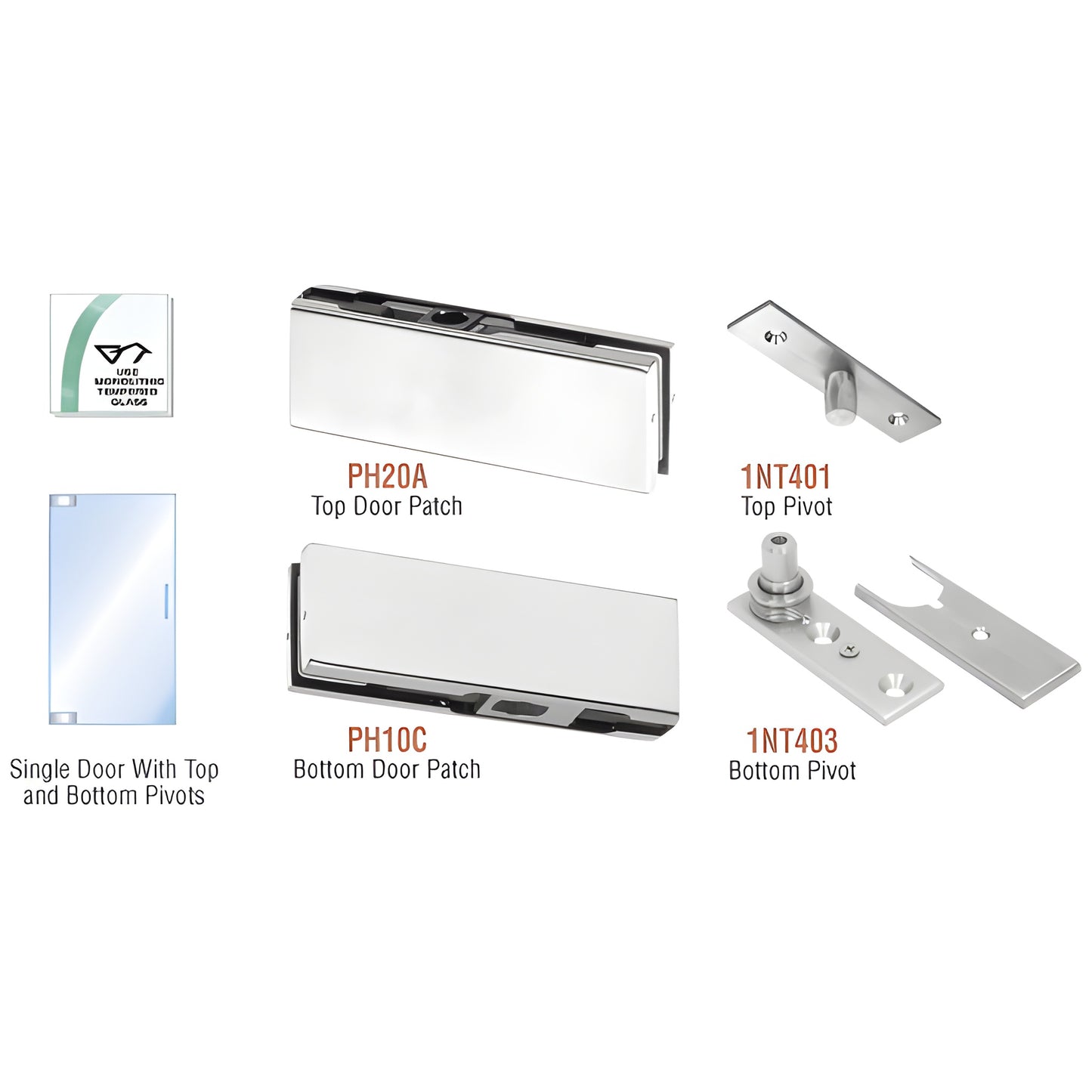 PHA1A satin anodized patch kit for single frameless glass door - top/bottom patches and pivots, fits 3/8 or 1/2" glass