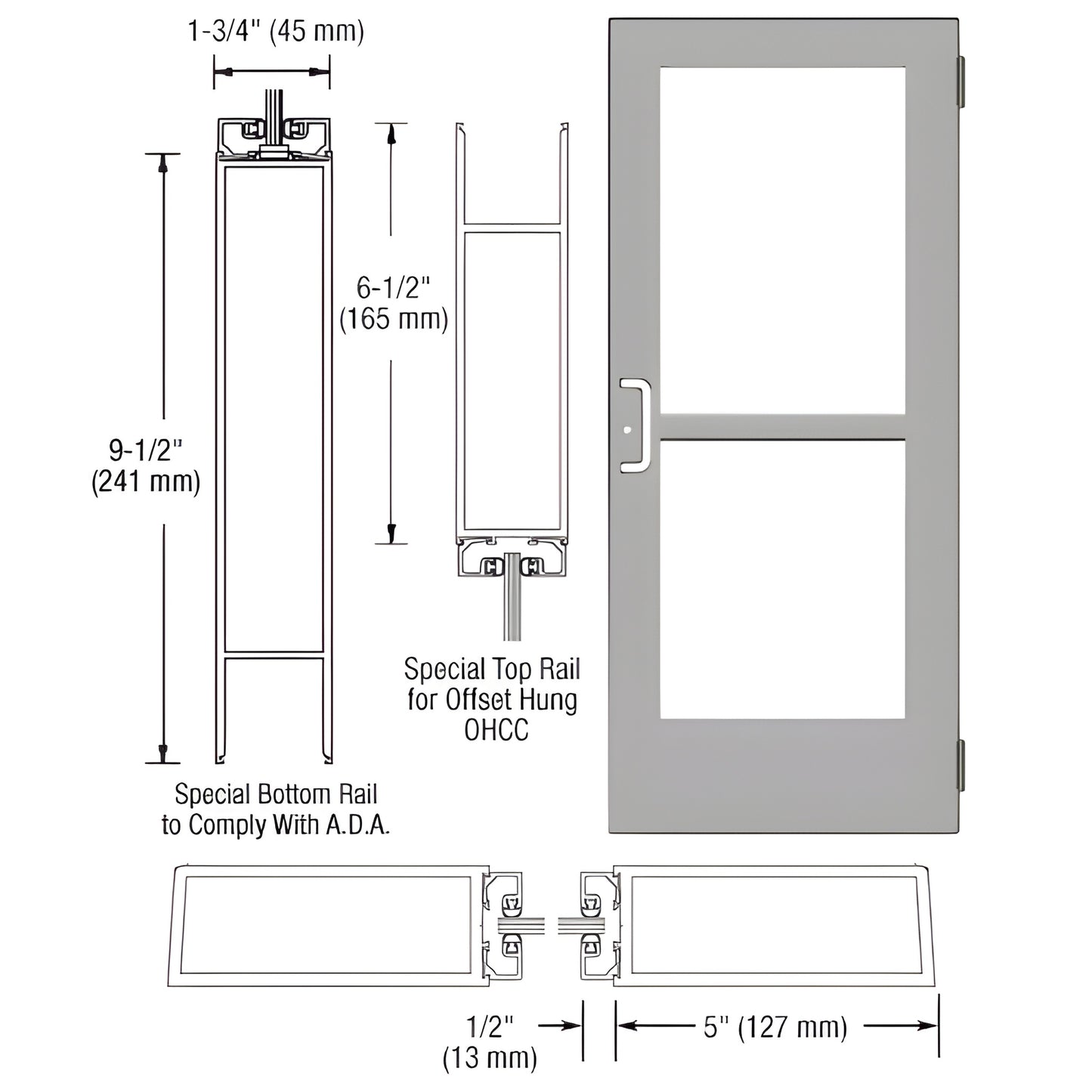 CZ51411 clear anodized wide-stile commercial entrance door with two glass panels, ADA 9.5" bottom rail, panic hardware