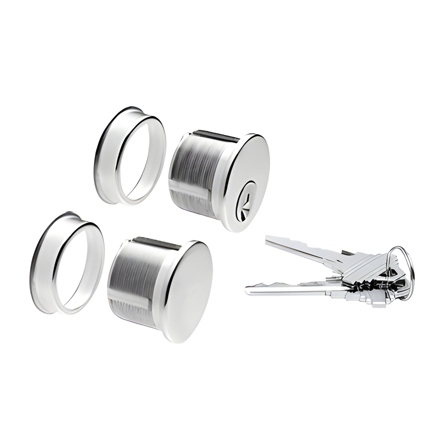 DRA1030PS polished stainless steel mortise cylinder set with two cylinders, trim rings and keys, keyed alike