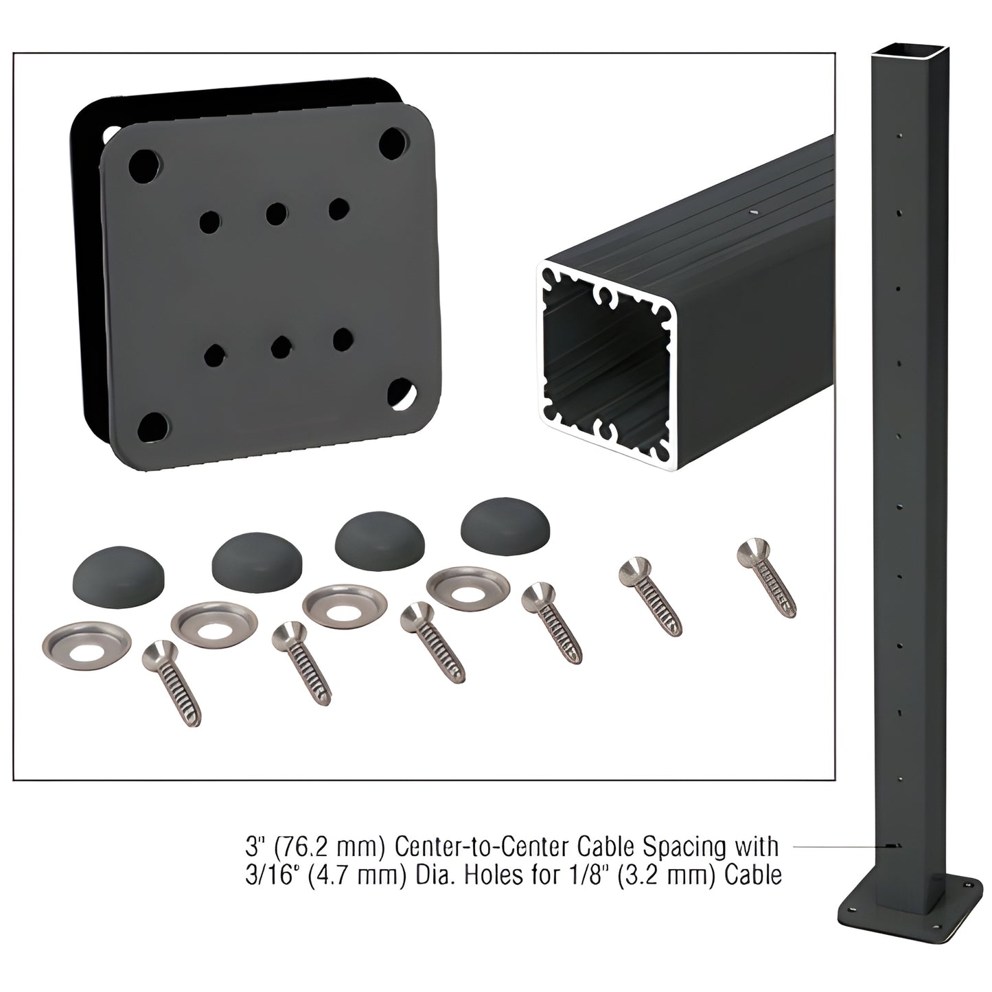 Matte black 36in aluminum square center post cable railing kit (P36CKBL) with base plate, screws, washers