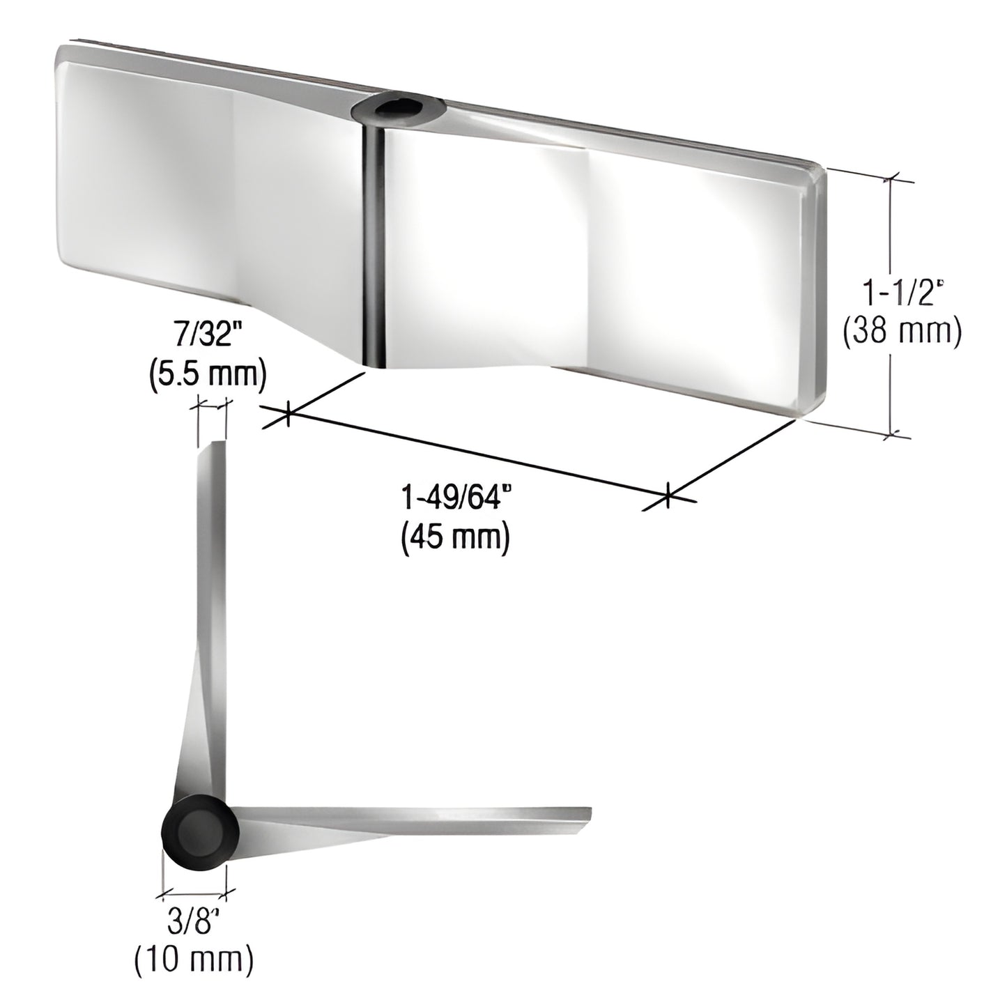 CRL UVHG1PS polished stainless steel glass-to-glass cabinet hinge, 1.5 in high, 45 mm wing, minimalist self-centering