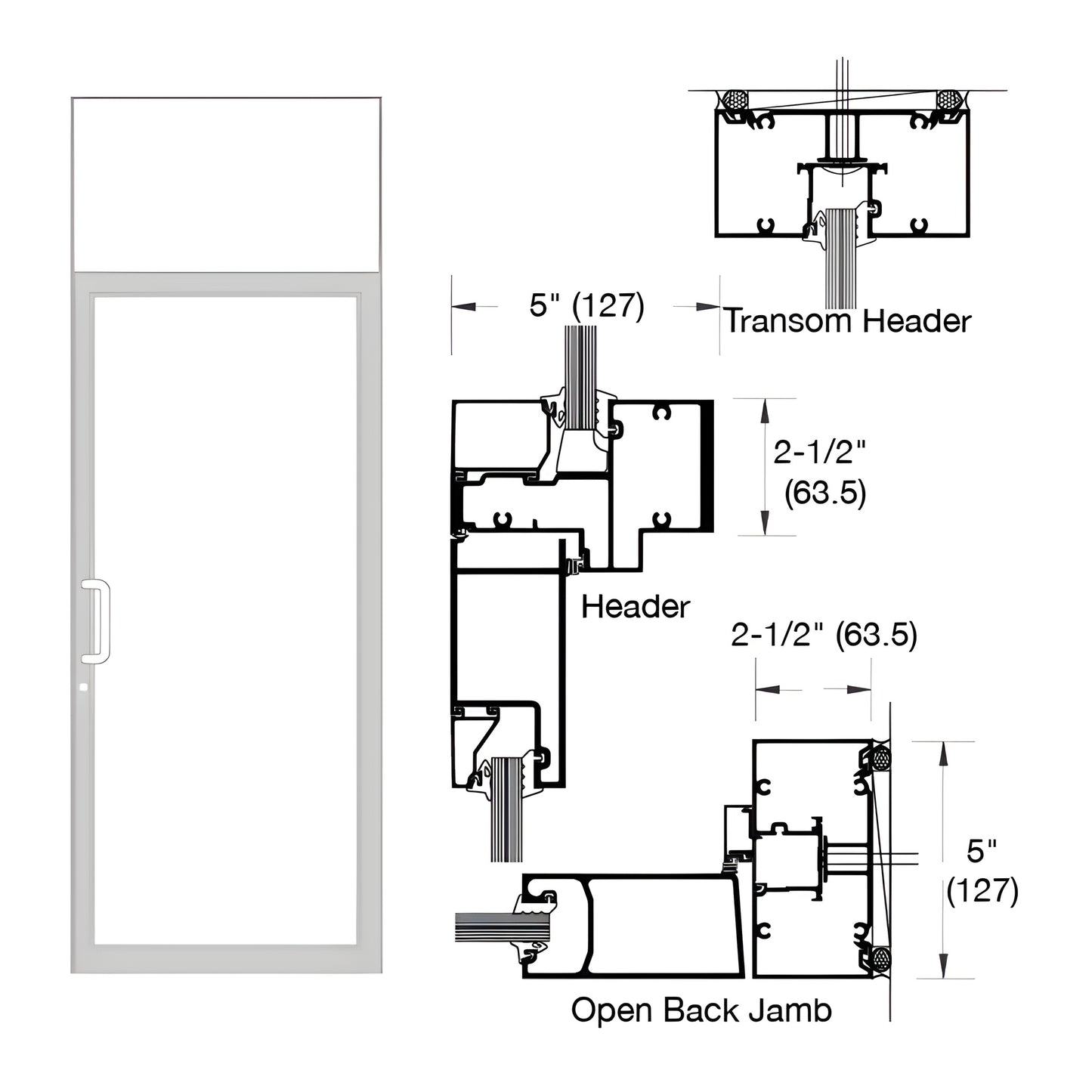 SKU 0F61511 clear anodized single transom impact door frame with threshold - diagram and front view.