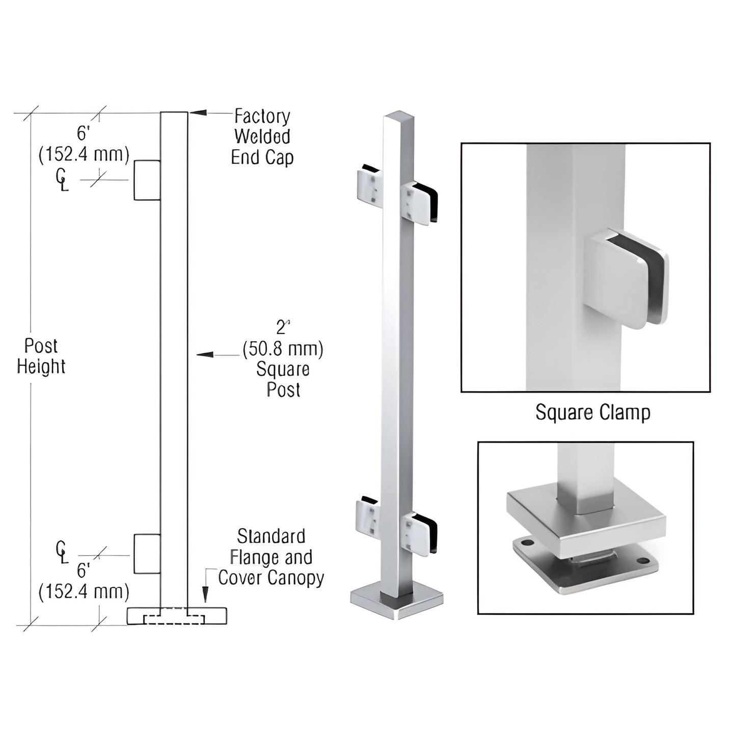 SPS42CPS polished 2" stainless square post kit with base plate, cover canopy and Z-series glass clamps for 1/2" glass