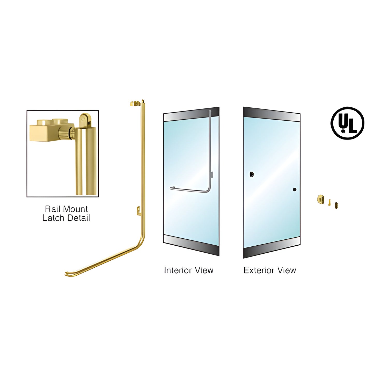 PA100Z3RKSB satin brass DRS rail-mount panic handle for glass doors, 1-1/4 in tube, interior and exterior views