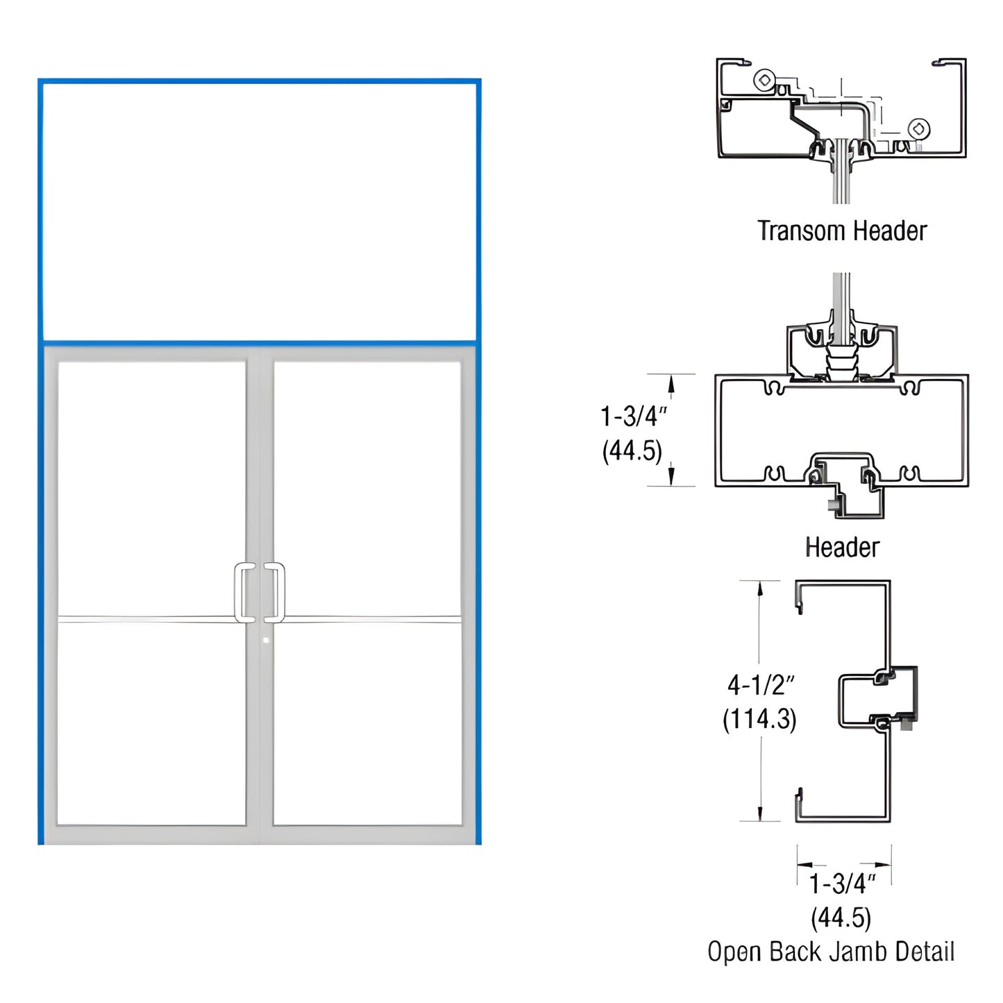 Double glass storefront gear-hinge transom frame with aluminum threshold and open-back jamb detail - SKU 0B62871