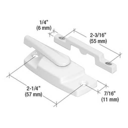 CRL White Sash Lock, 2-1/4" Screw Holes, 7/16" Backset, No Lugs - Secure Window Fastener
