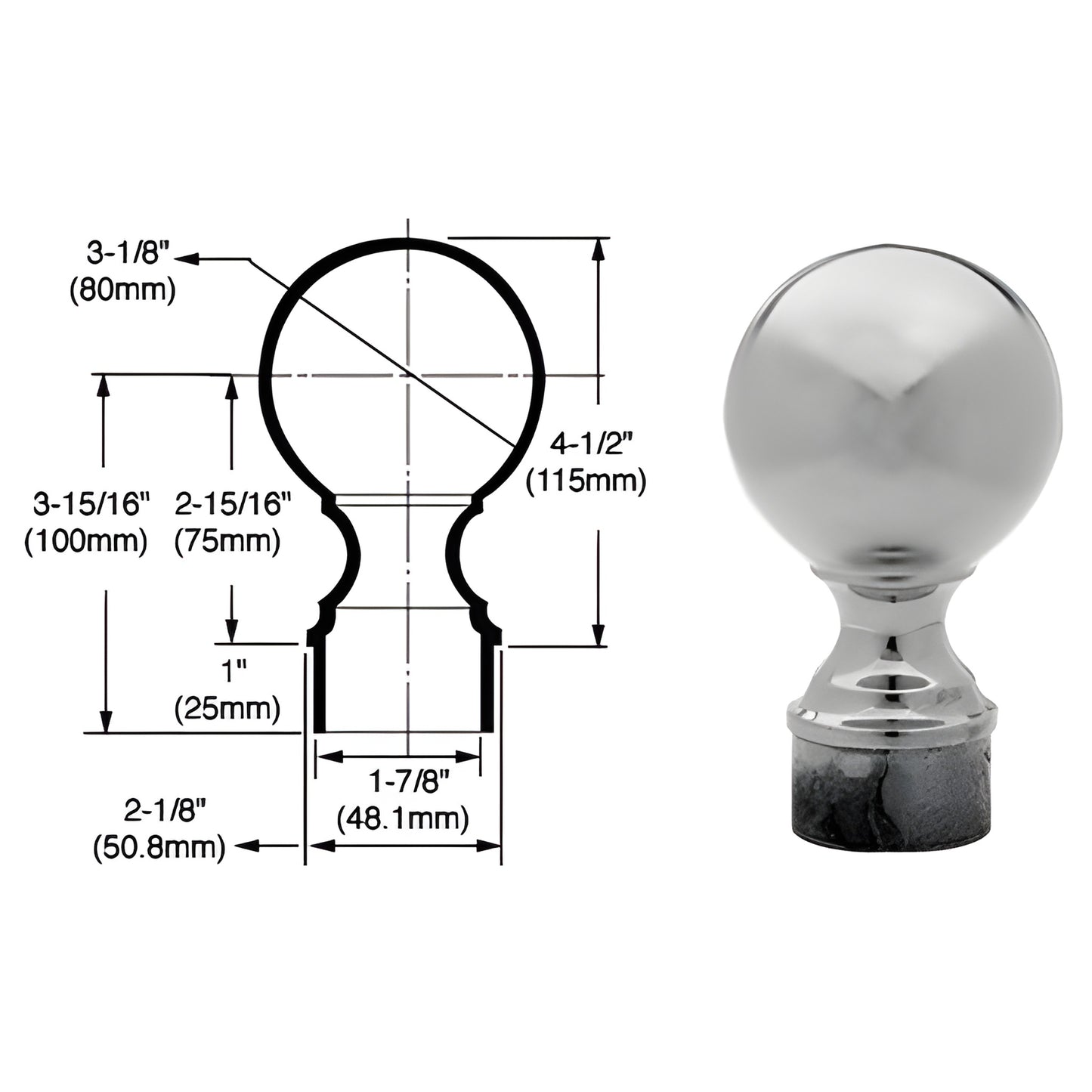 SA508BS brushed stainless steel ball end cap for partition posts, 4-1/2" high, adhesive base, ready-to-install.