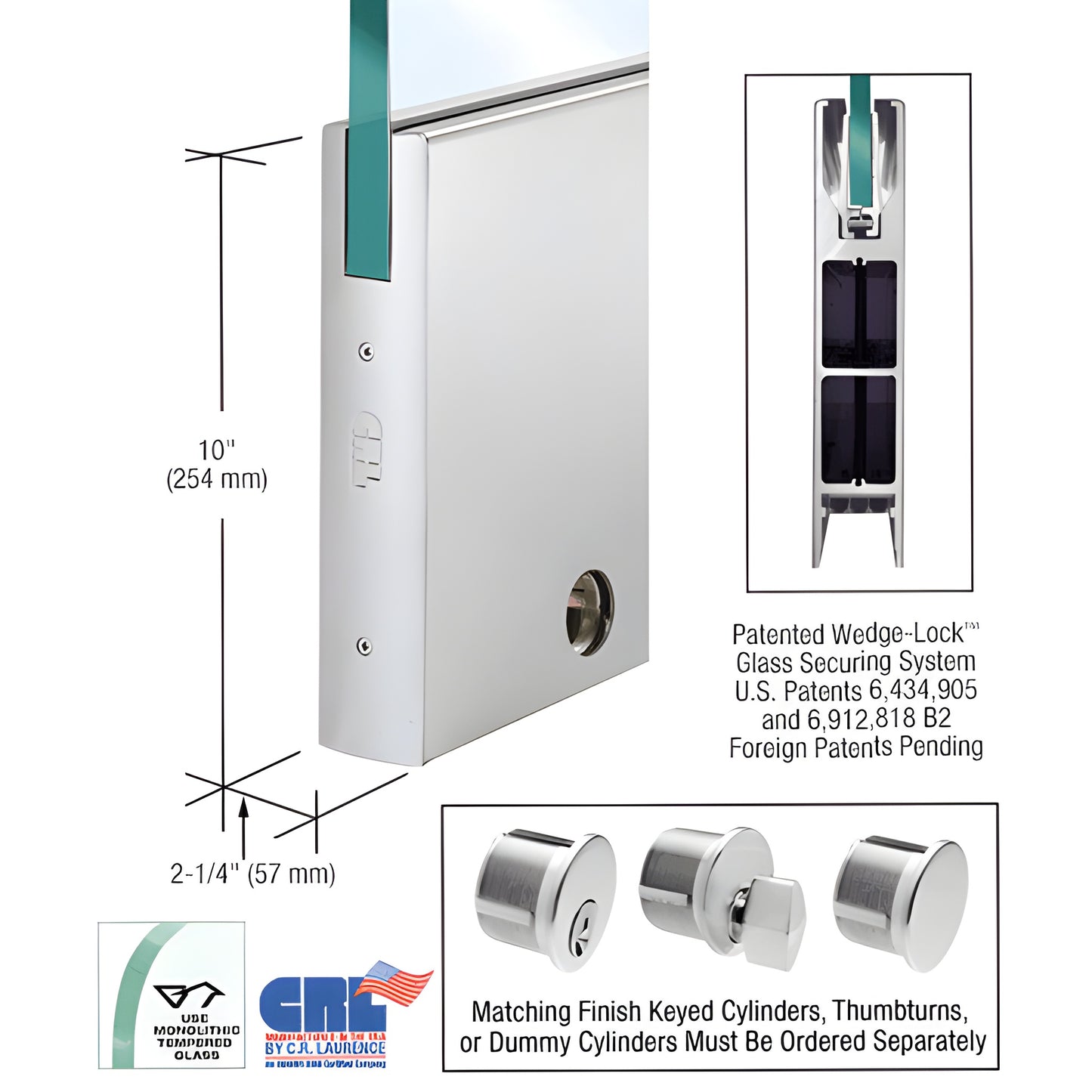 Satin anodized aluminum 10 in square CRL Wedge Lock door rail for 1/2-3/4 in glass with lock, 2 in wide.